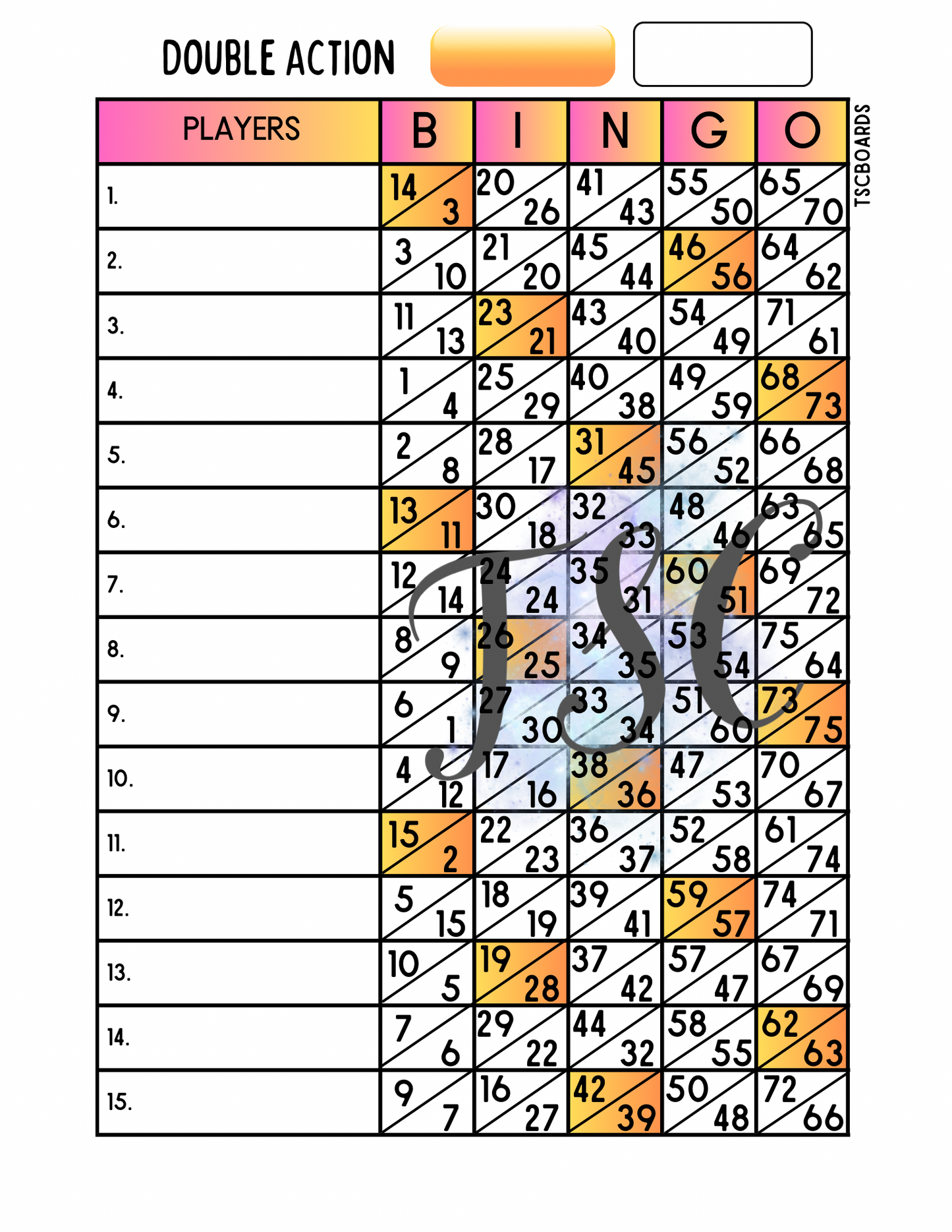 Double Action Orange Bingo Board 1-75 Ball