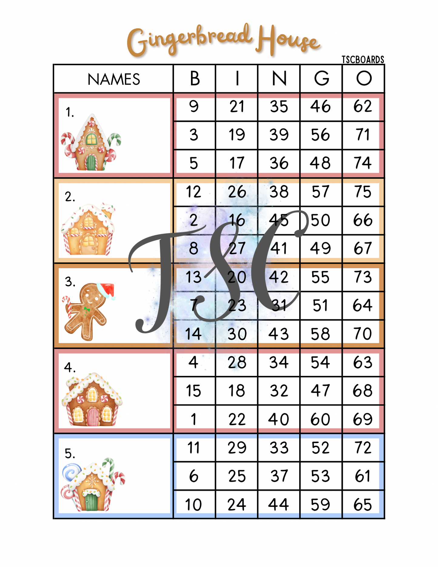 Gingerbread House Block Bingo Board 1-75 Ball