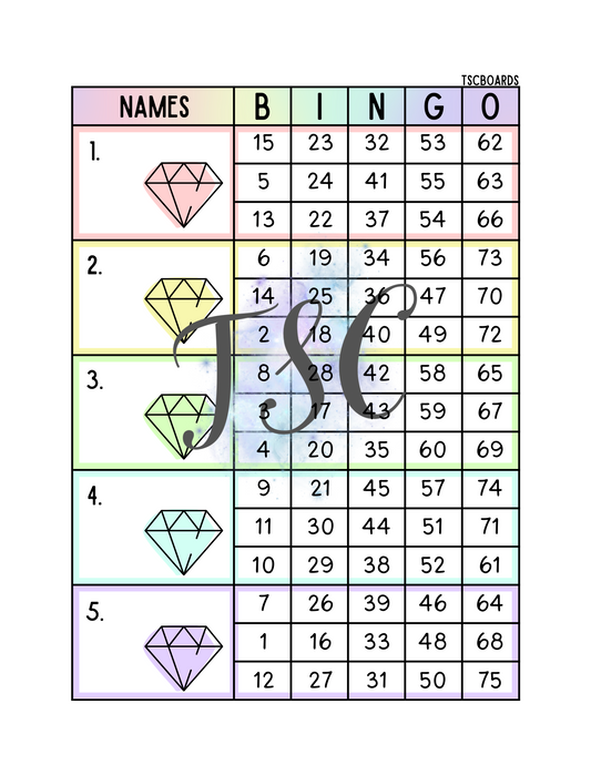 Pastel Diamonds Block Bingo Board 1-75 Ball