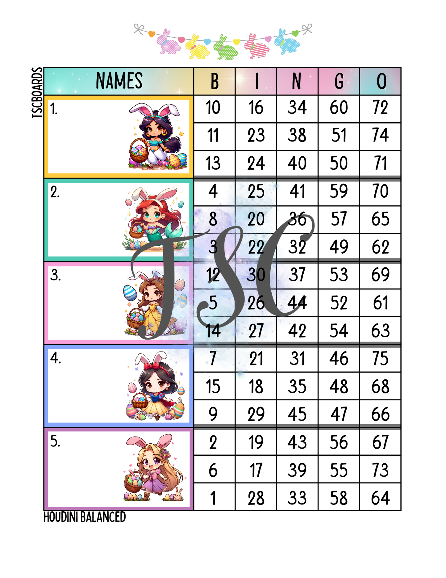 Princess Easter Bunnies Block Bingo Board 1-75 Ball
