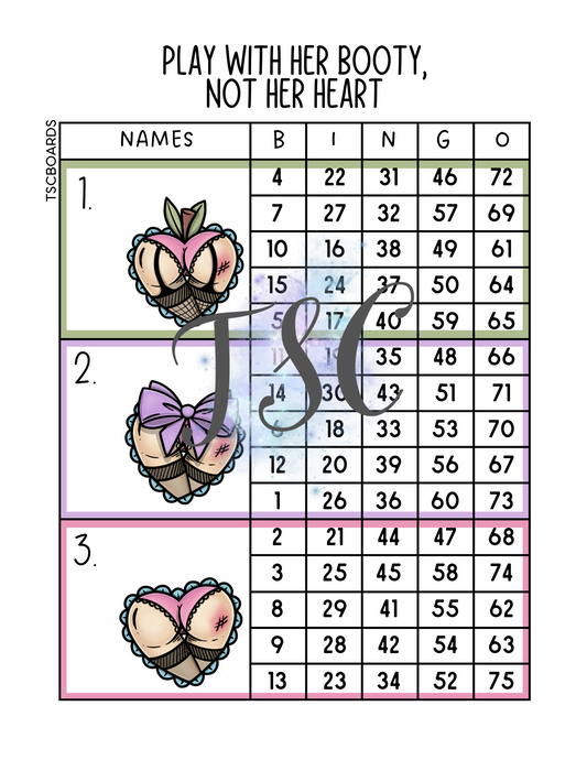 Play With Her Booty, Not Her Heart Mega Block Bingo Board 1-75 Ball