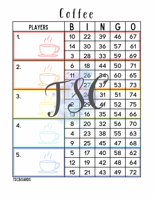Coffee Rainbow Block Bingo Board 1-75 Ball