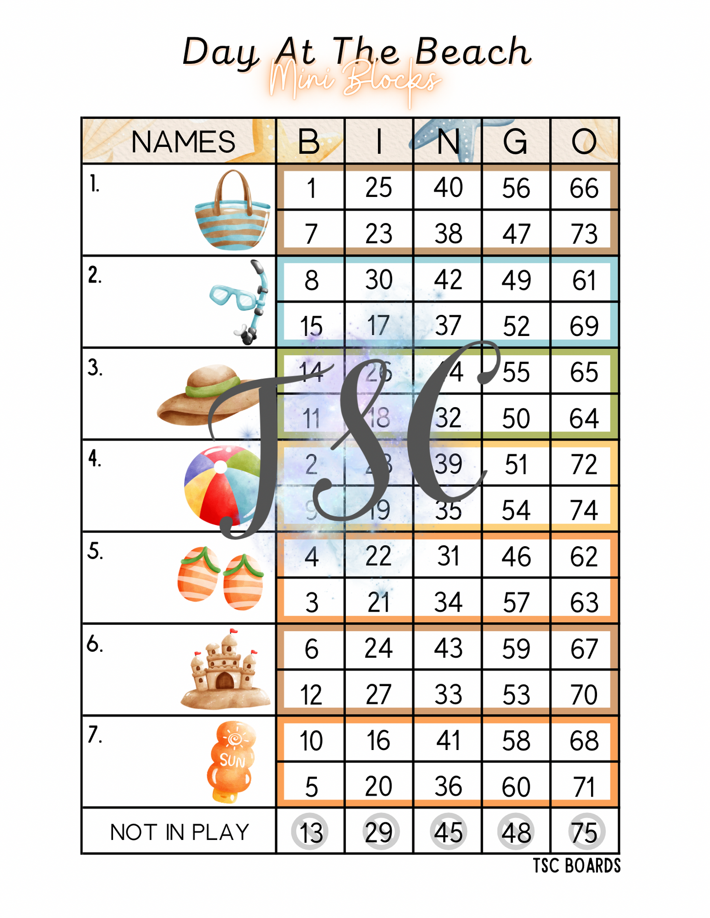 Day At The Beach Mini Blocks Bingo Board 1-75 Ball