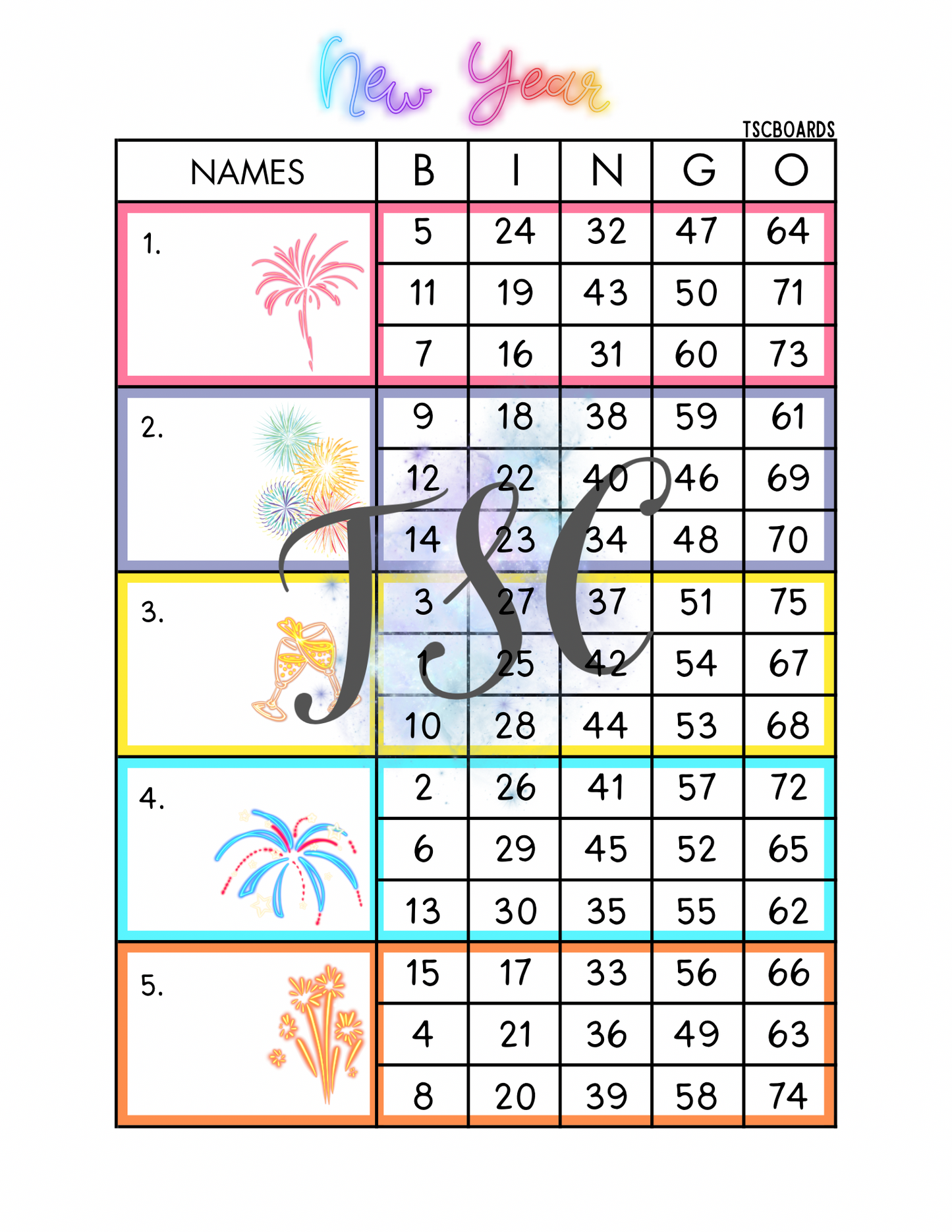 New Year Block Bingo Board 1-75 Ball