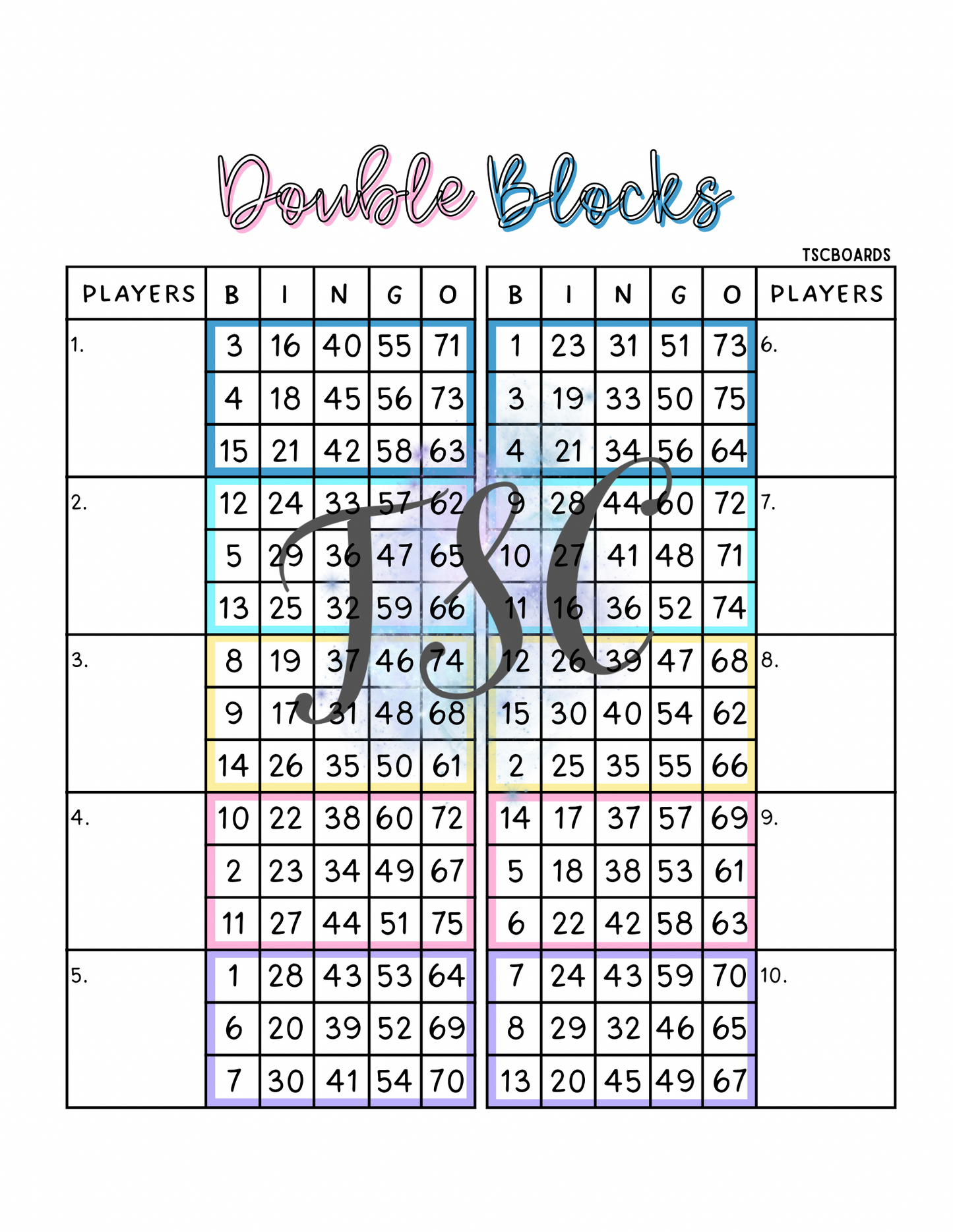 Double Blocks Bingo Board 1-75 Ball
