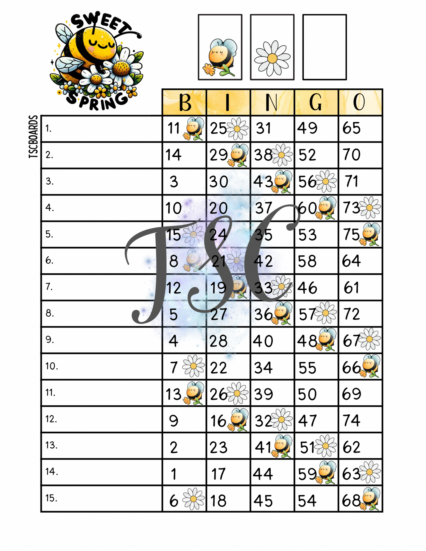 Sweet Spring Bingo Board 1-75 Ball