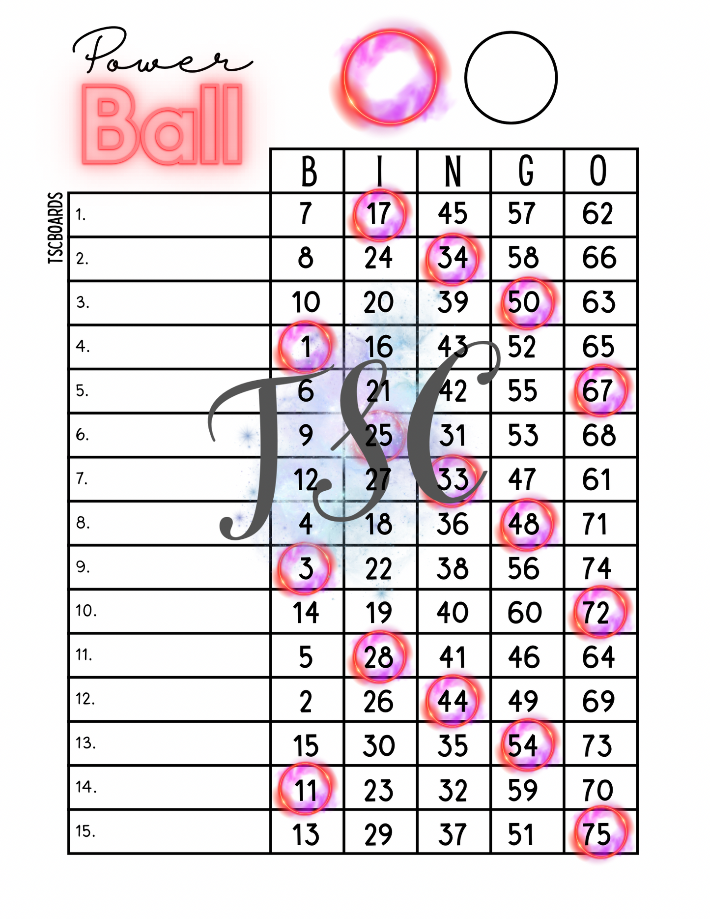 Powerball Bingo Board 1-75 Ball