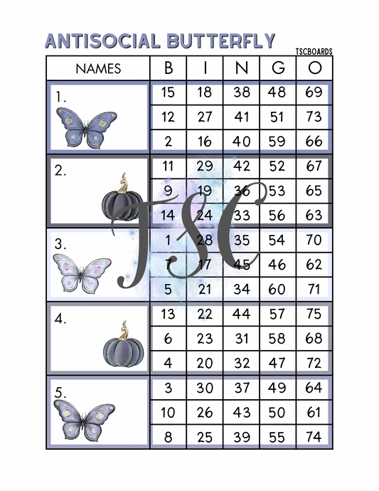 Antisocial Butterfly Block Bingo Board 1-75 Ball