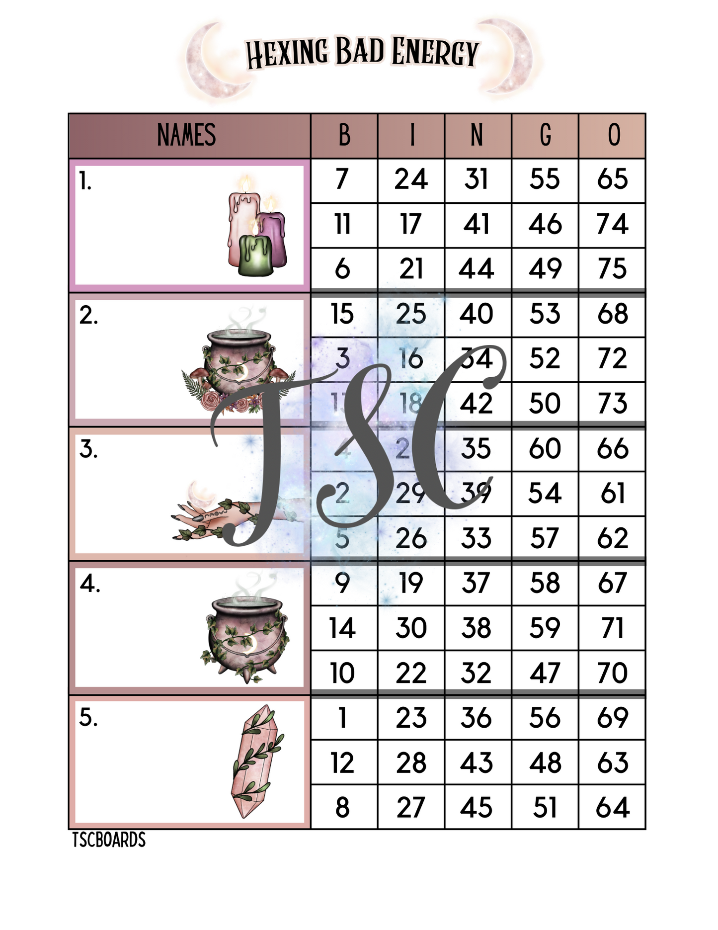 Hexing Bad Energy Bingo Board 1-75 Ball