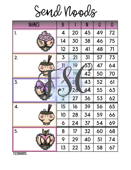 Send Noods Bingo Board 1-75 Ball