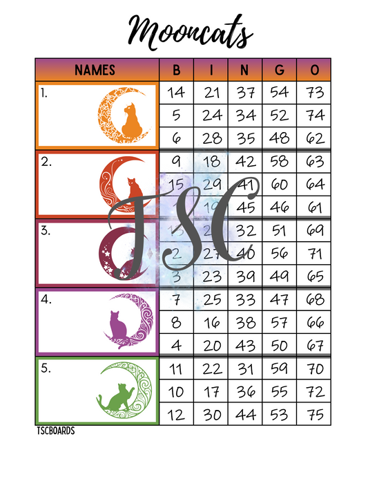 Mooncats Block Bingo Board 1-75 Ball