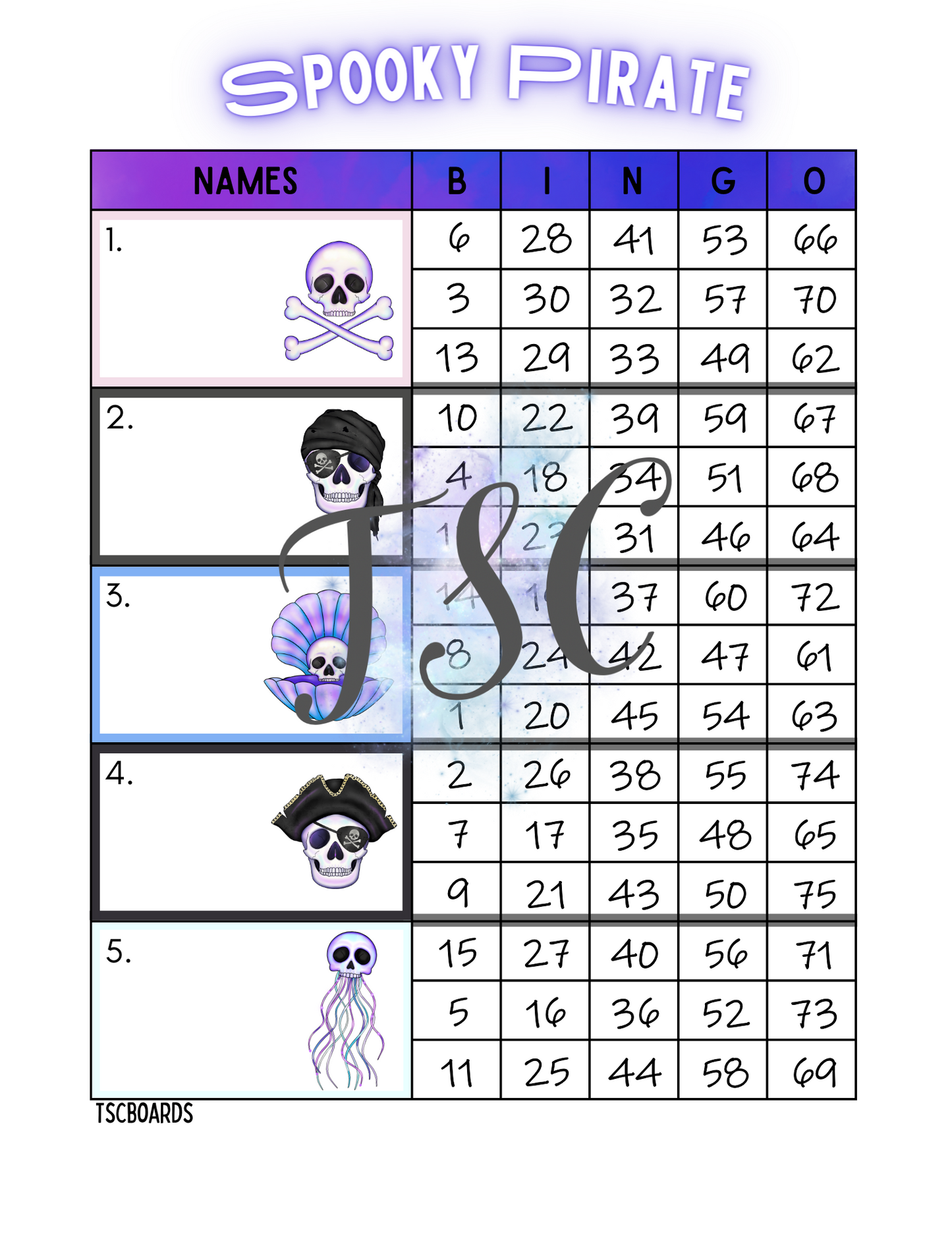 Spooky Pirate Block Bingo Board 1-75 Ball