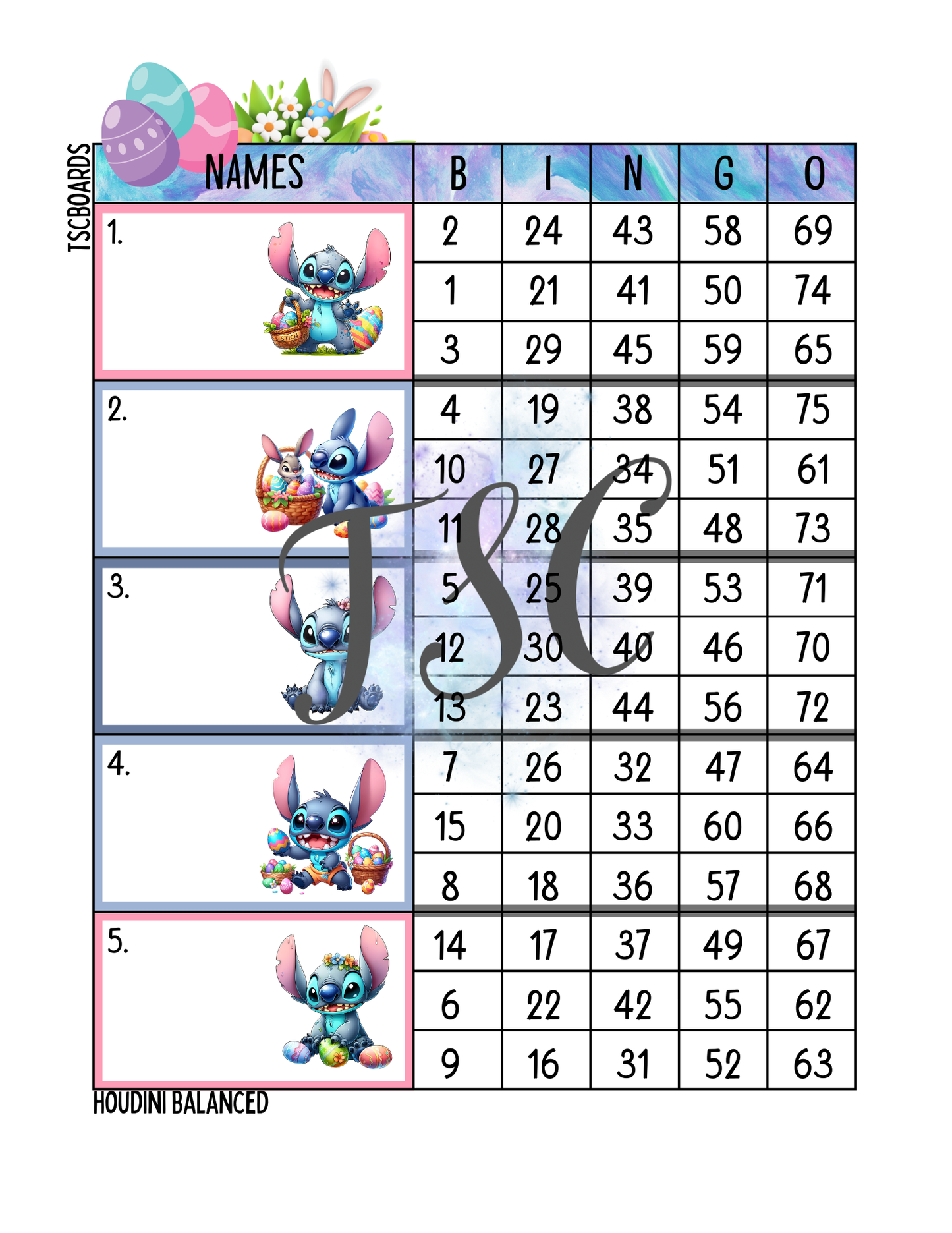 Easter Stitch Block Bingo Board 1-75 Ball