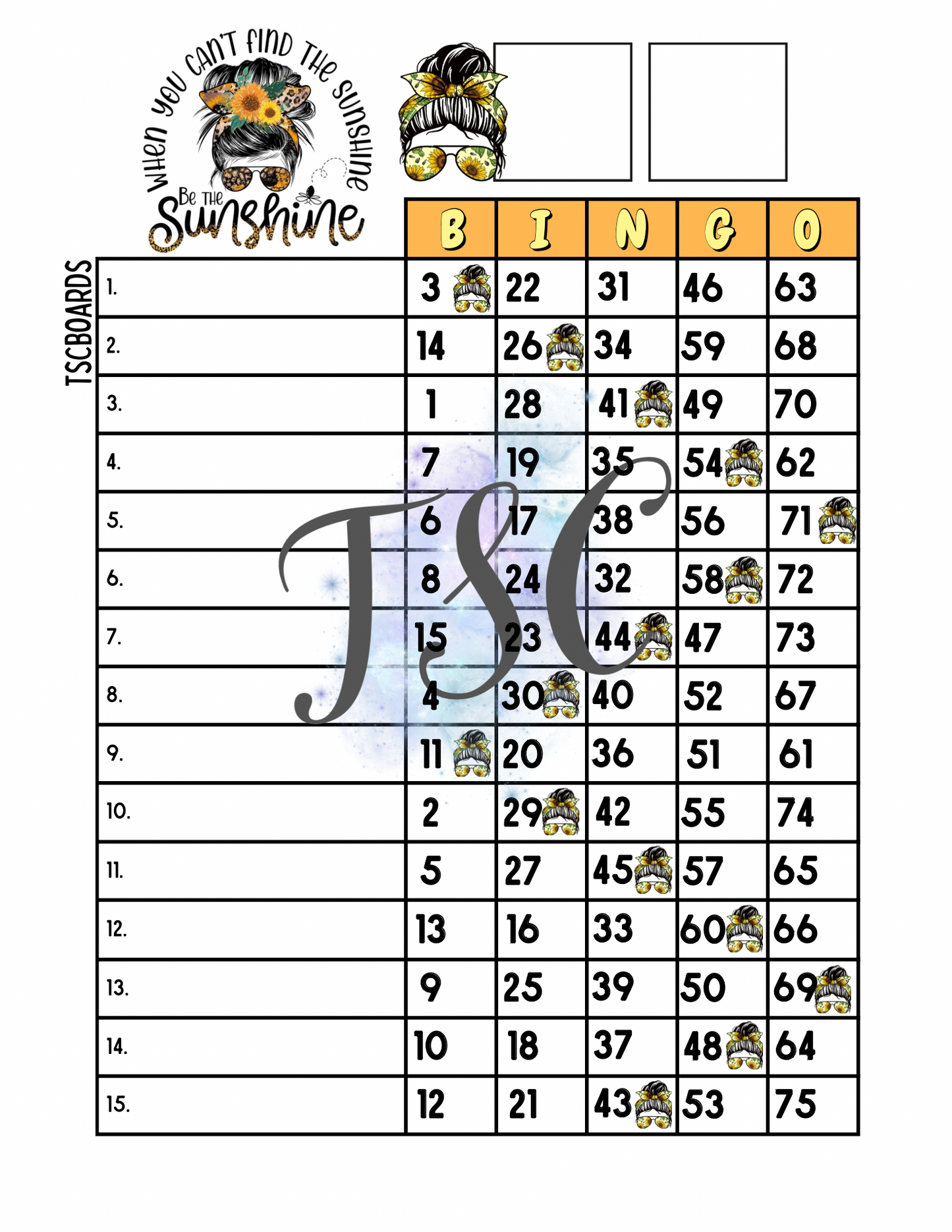 Be The Sunshine Bingo Board 1-75 Ball