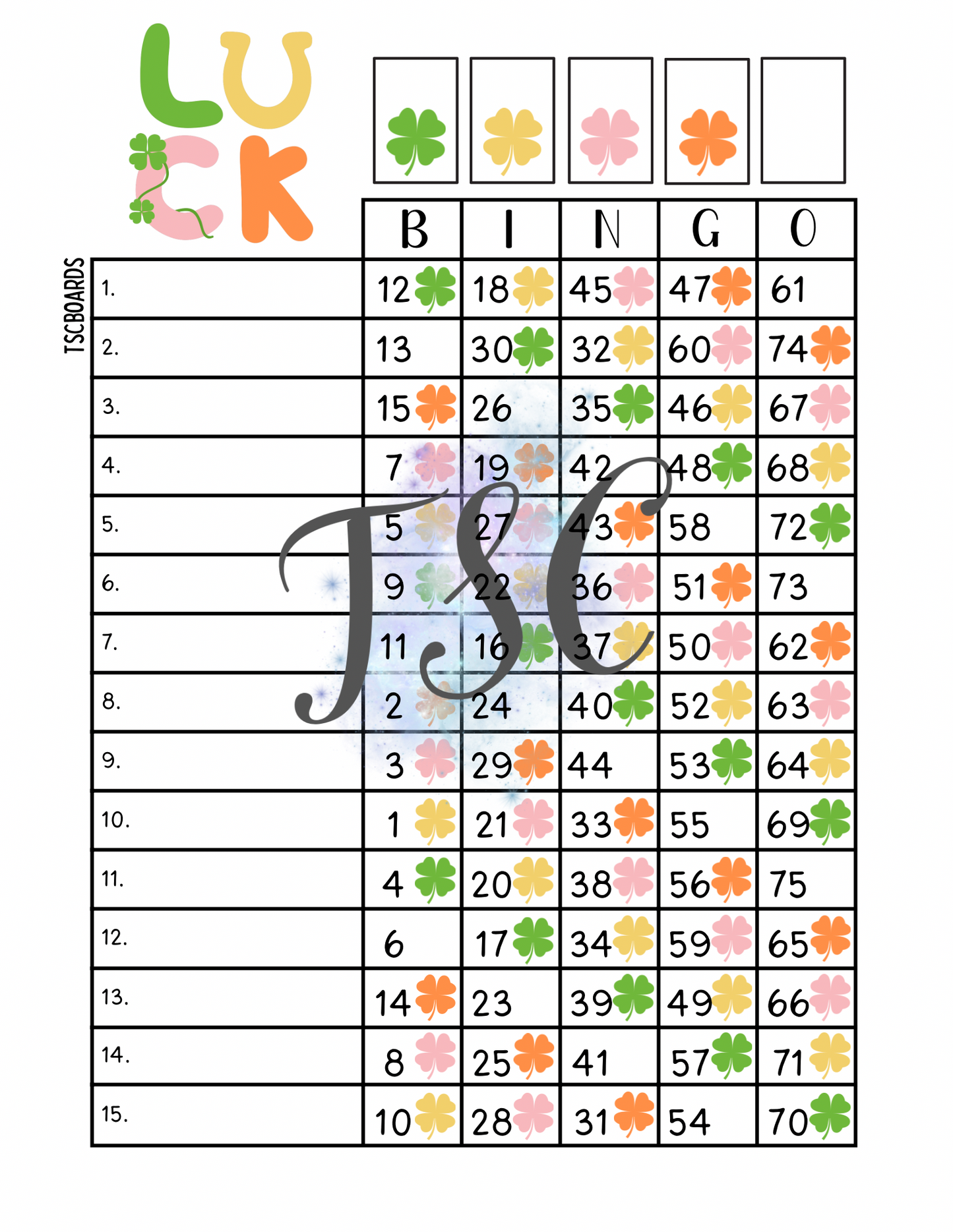 Luck Bingo Board 1-75 Ball
