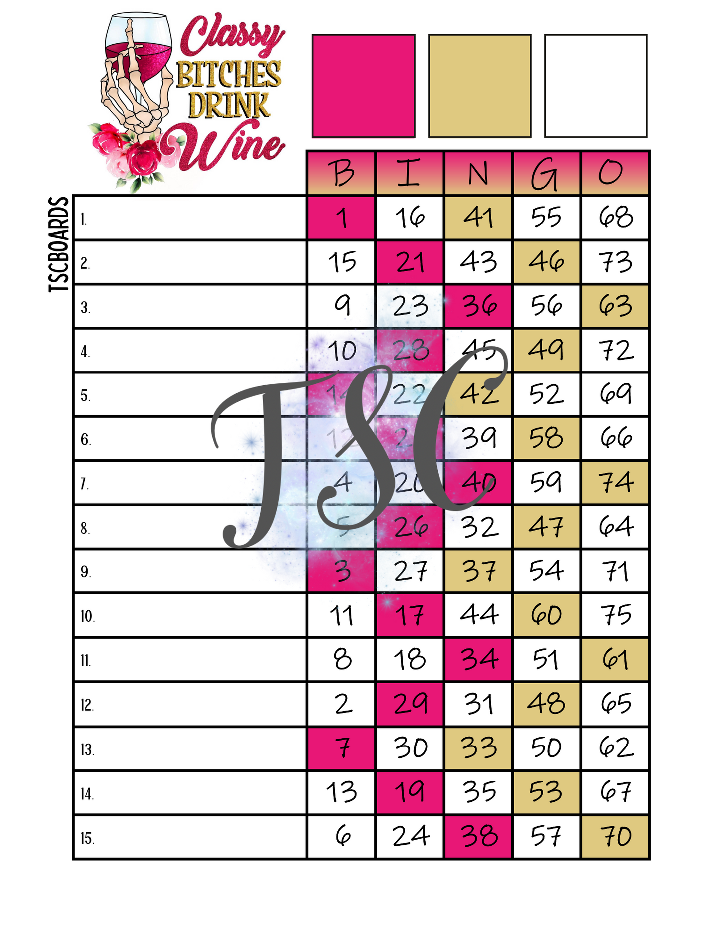 Classy Bitches Drink Wine Bingo Board 1-75 Ball