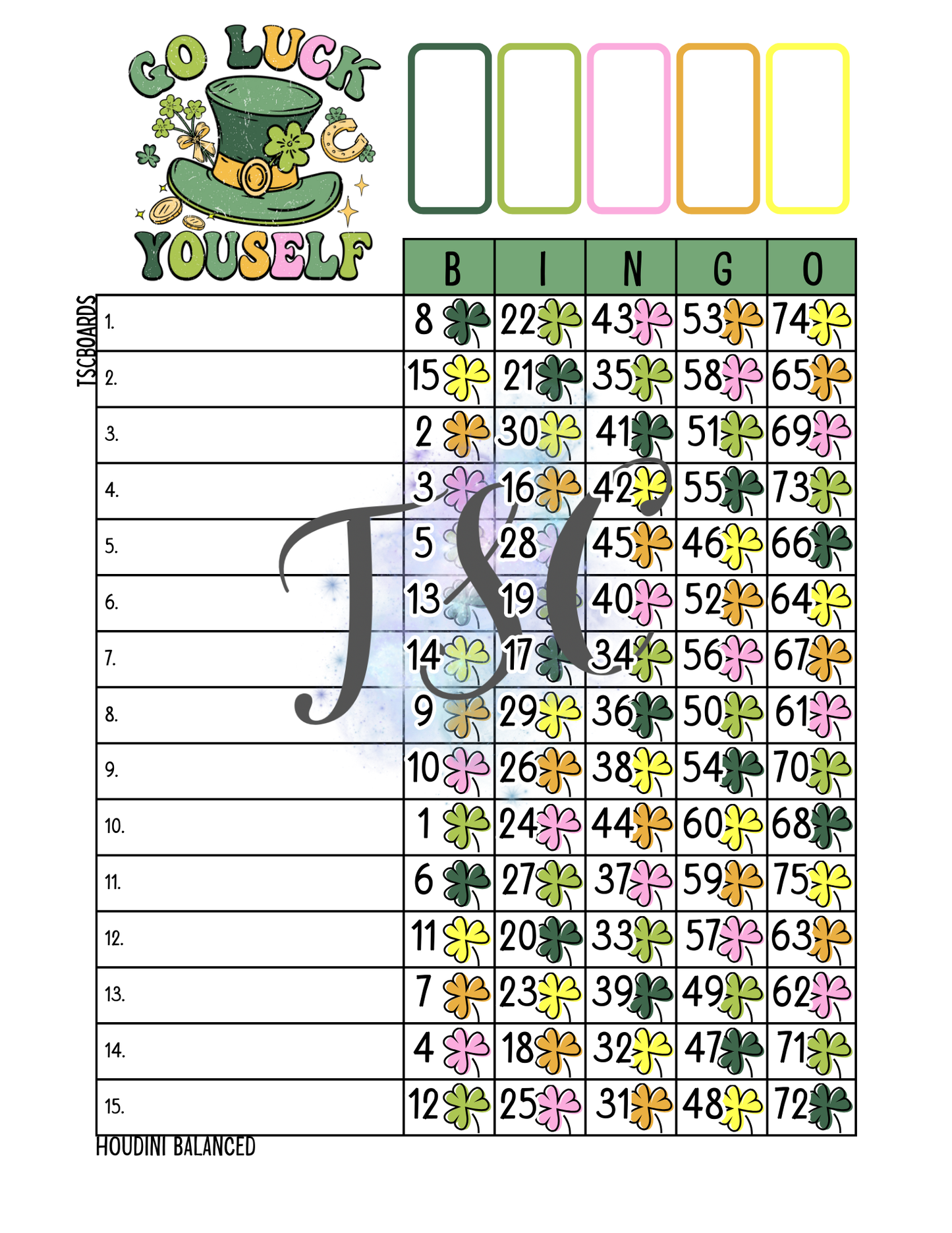 Go Luck Yourself Bingo Board 1-75 Ball