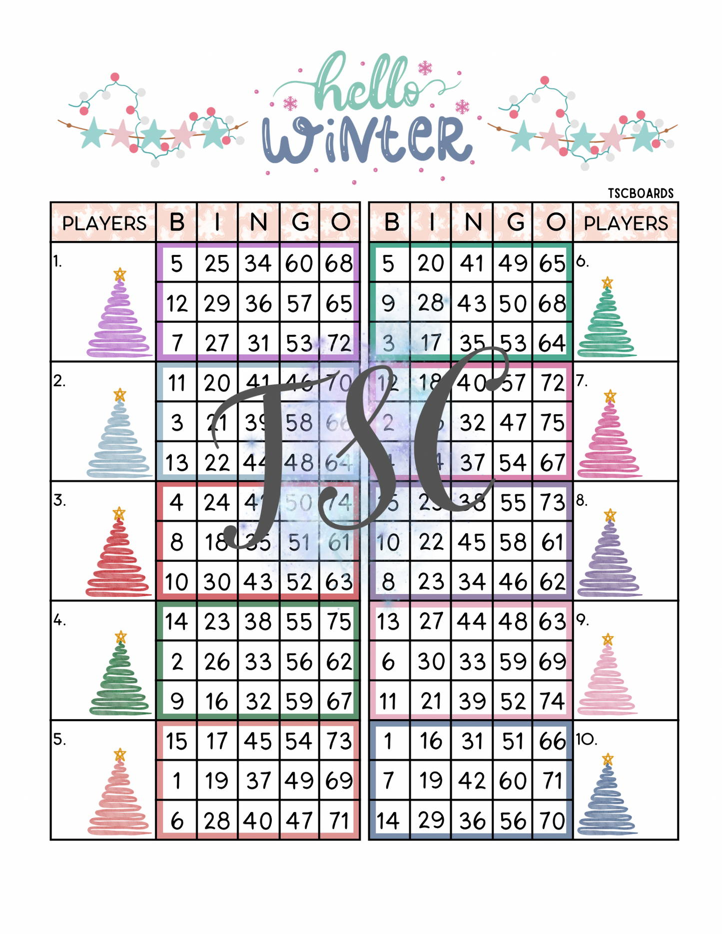 Hello Winter Double Block Bingo Board 1-75 Ball