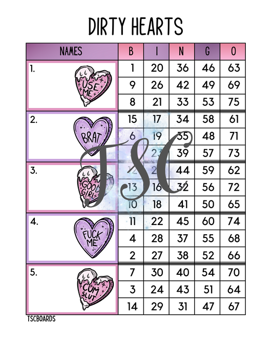 Dirty Hearts Bingo Board 1-75 Ball