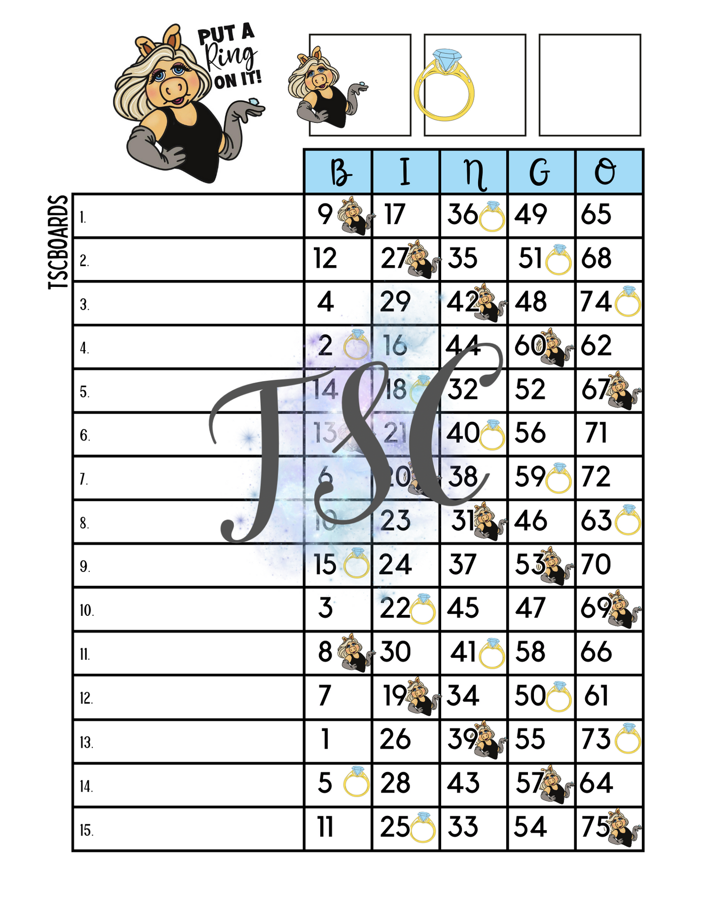 Put A Ring On It Bingo Board 1-75 Ball