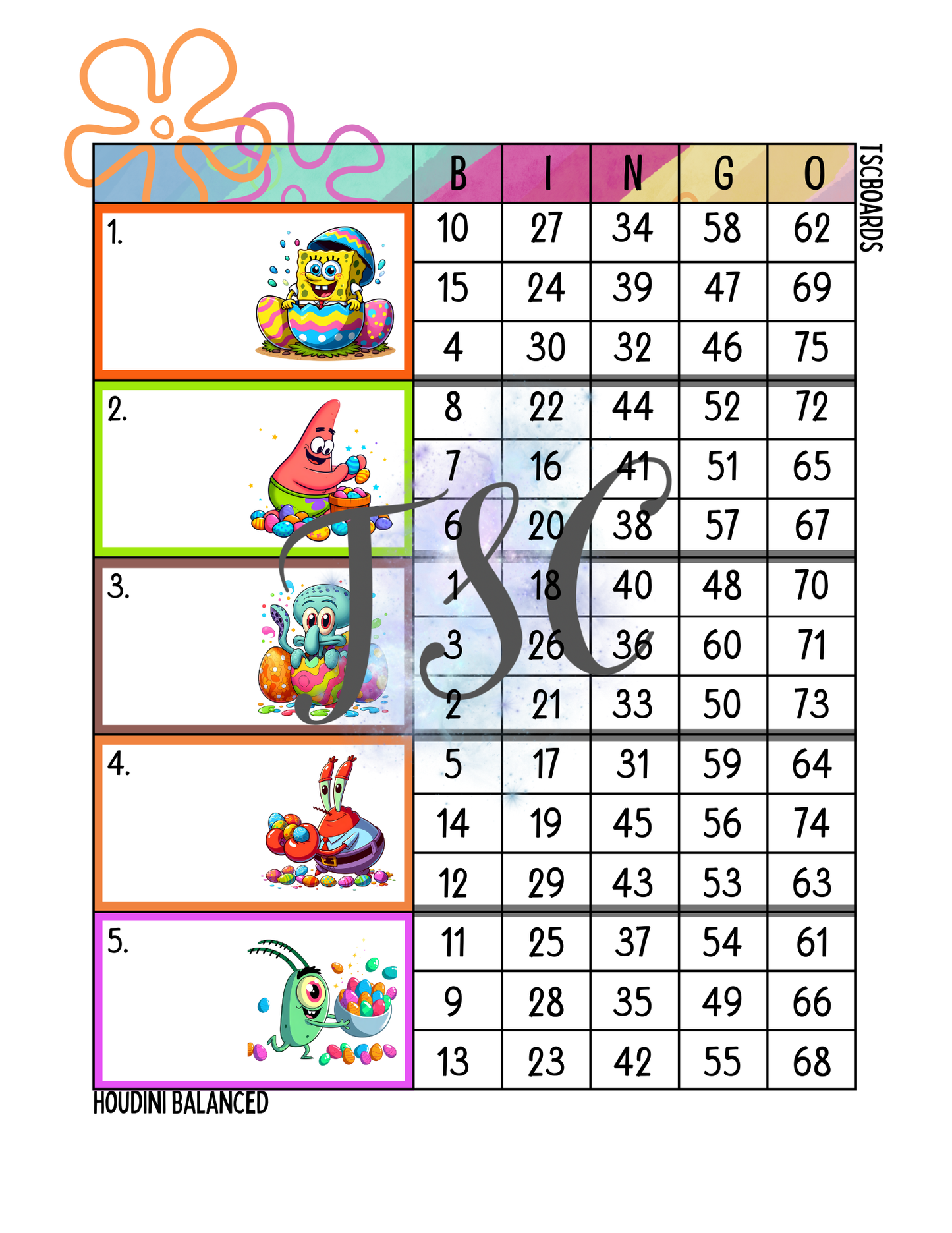 Easter Spongebob Block Bingo Board 1-75 Ball