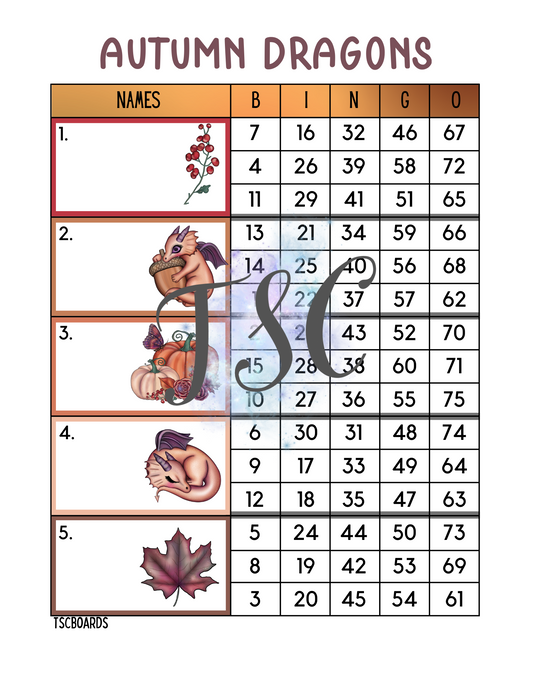 Autumn Dragons Bingo Board 1-75 Ball