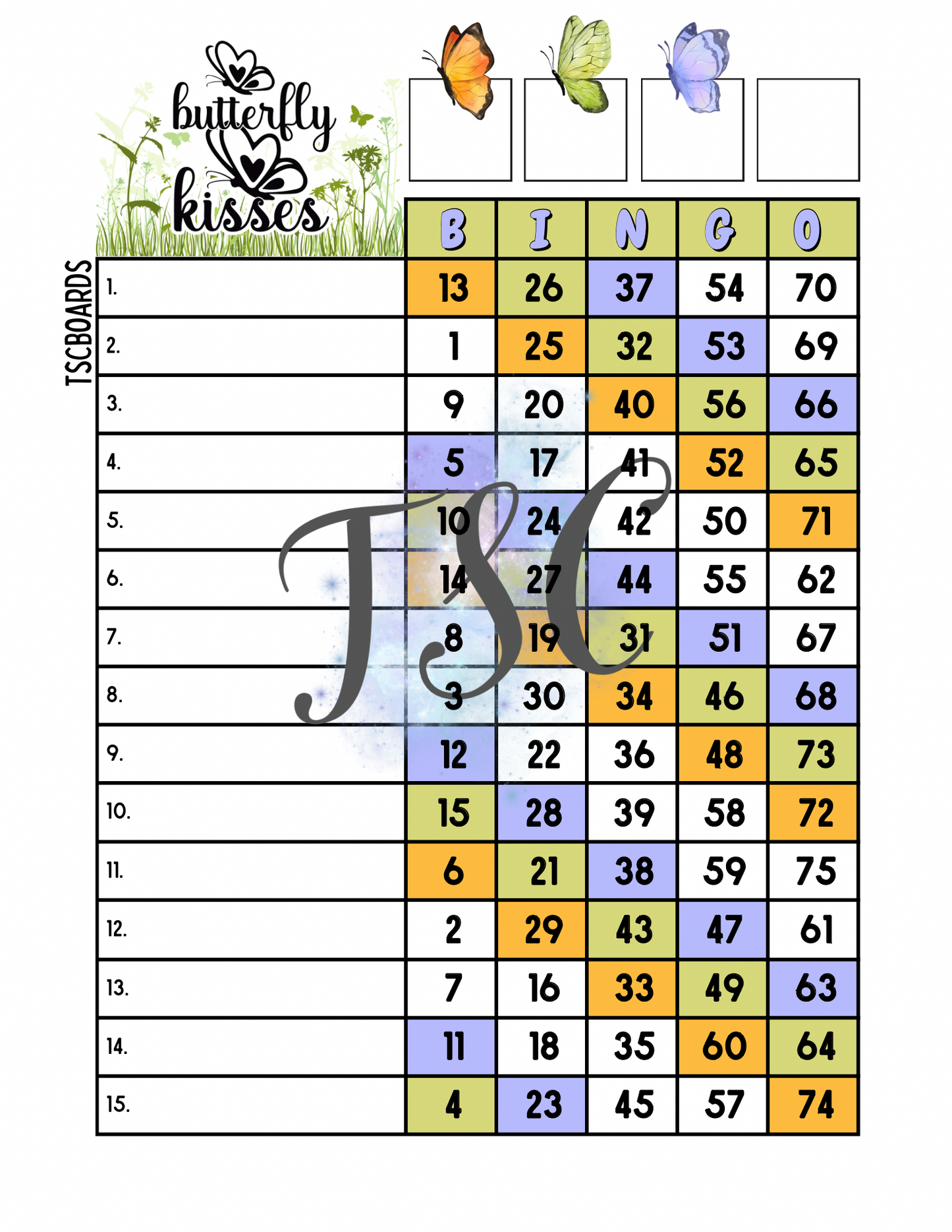 Butterfly Kisses Bingo Board 1-75 Ball