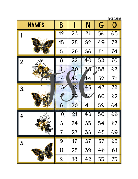 Gold & Block Butterfly Block Bingo Board 1-75 Ball