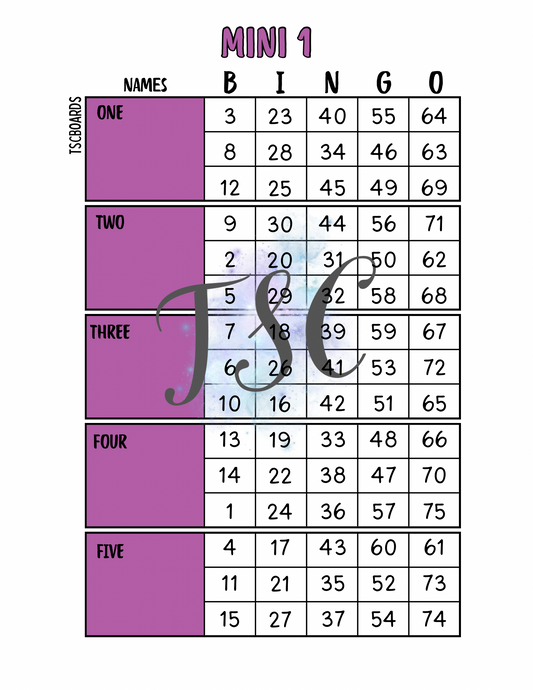 Mini 1 Purple Block Bingo Board 1-75 Ball