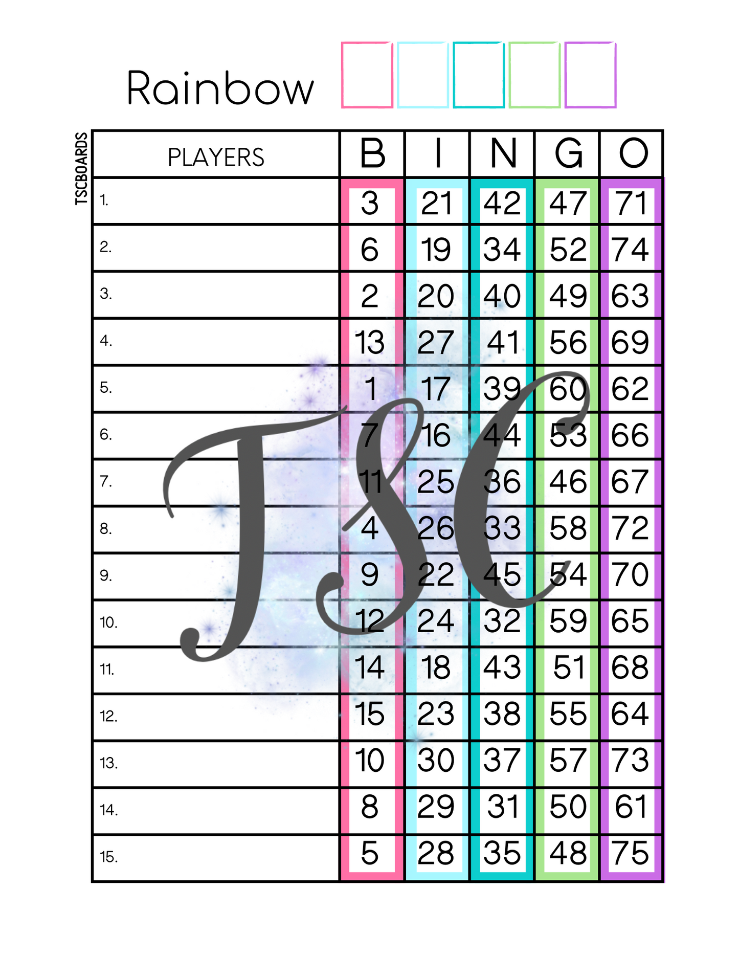 Rainbow Bingo Board 1-75 Ball