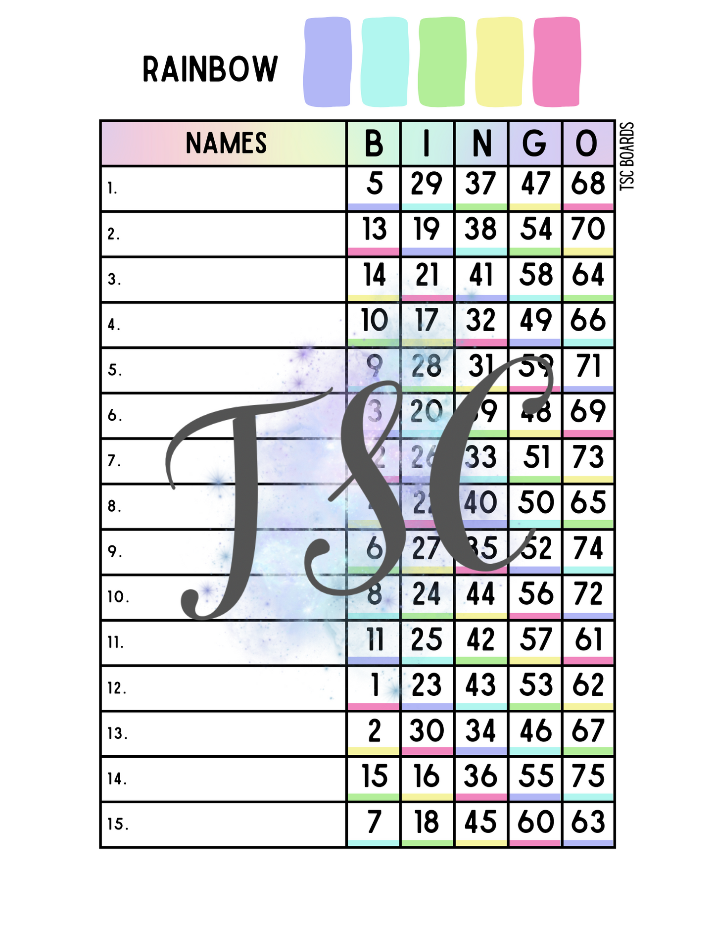 Rainbow Bingo Board 1-75