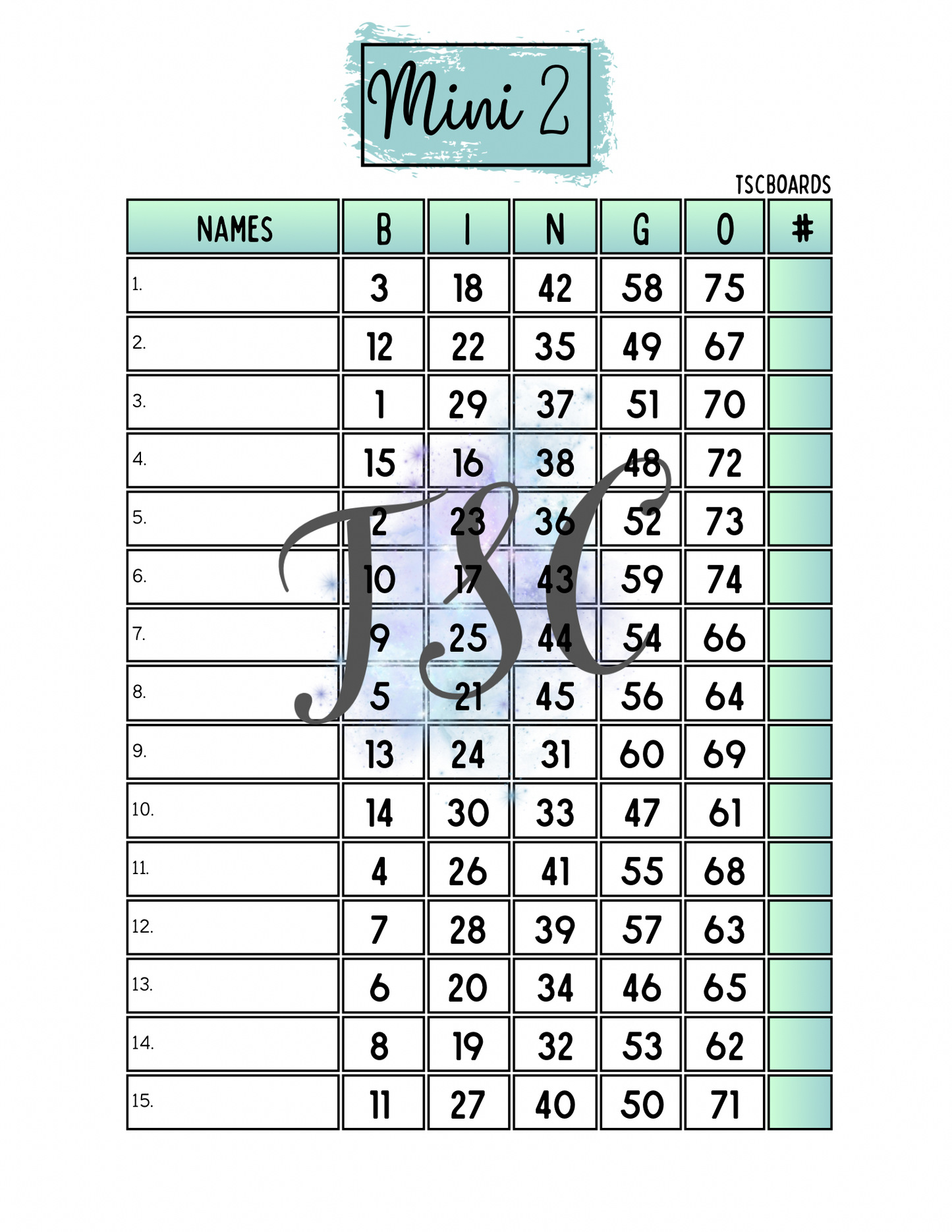 Mini 2 Blue Bingo Board 1-75 Ball 1-15 Line