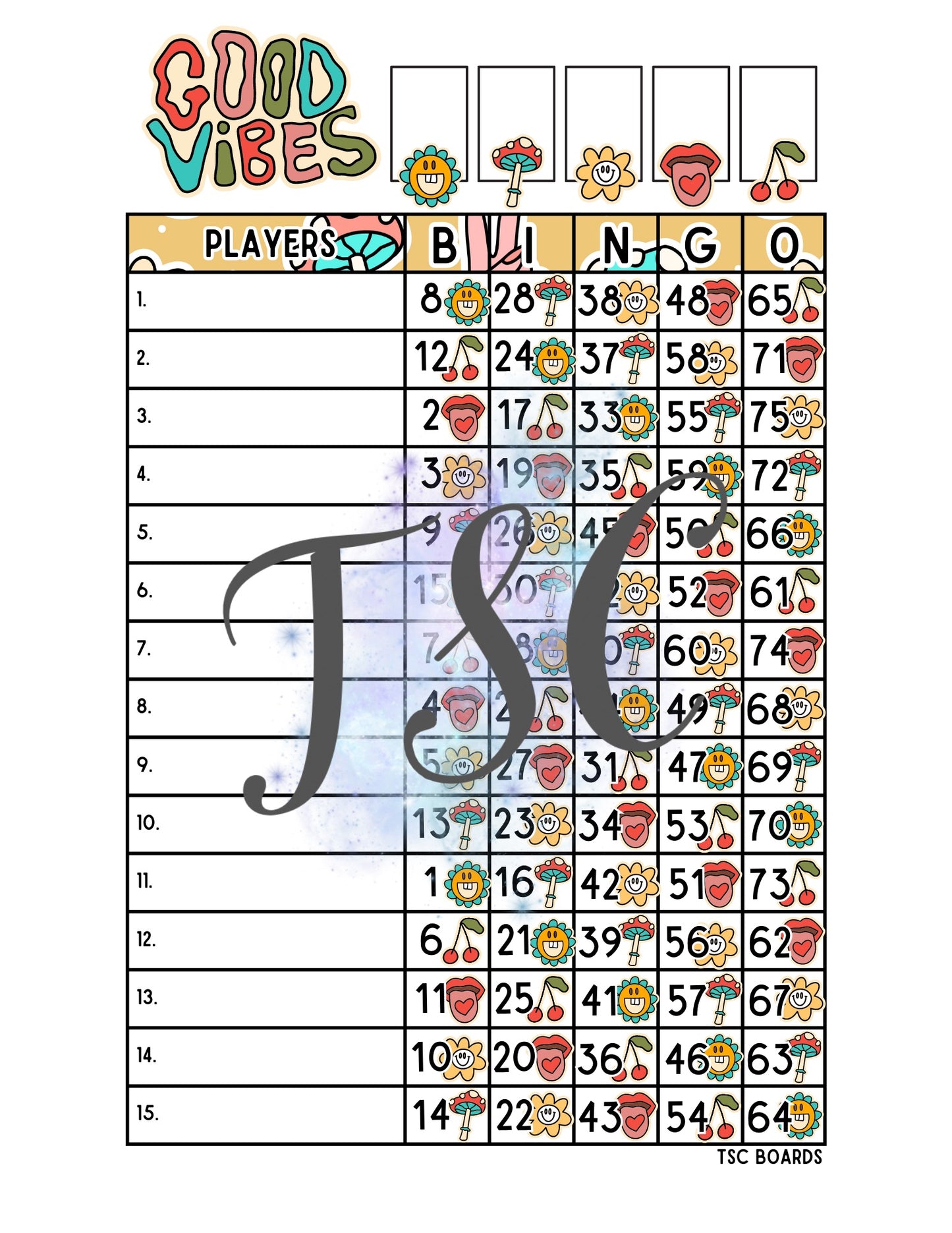GOOD Vibes Bingo Board 1-75 Ball