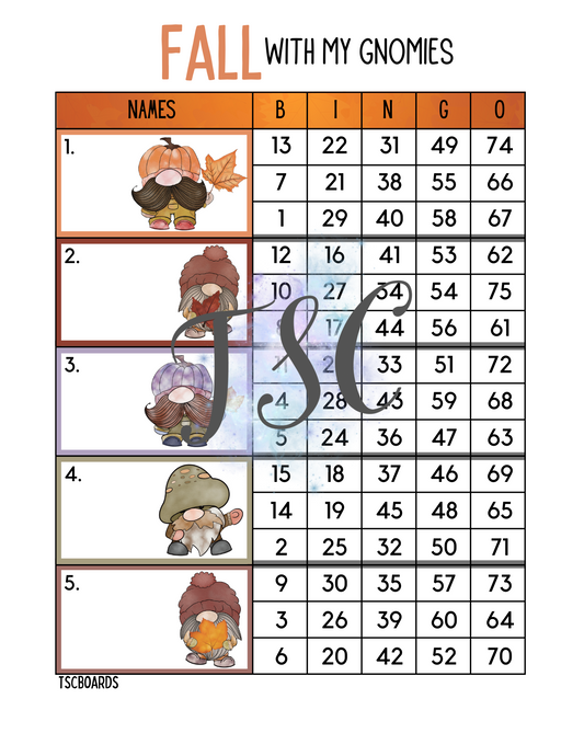Fall With My Gnomies Block Bingo Board 1-75 Ball