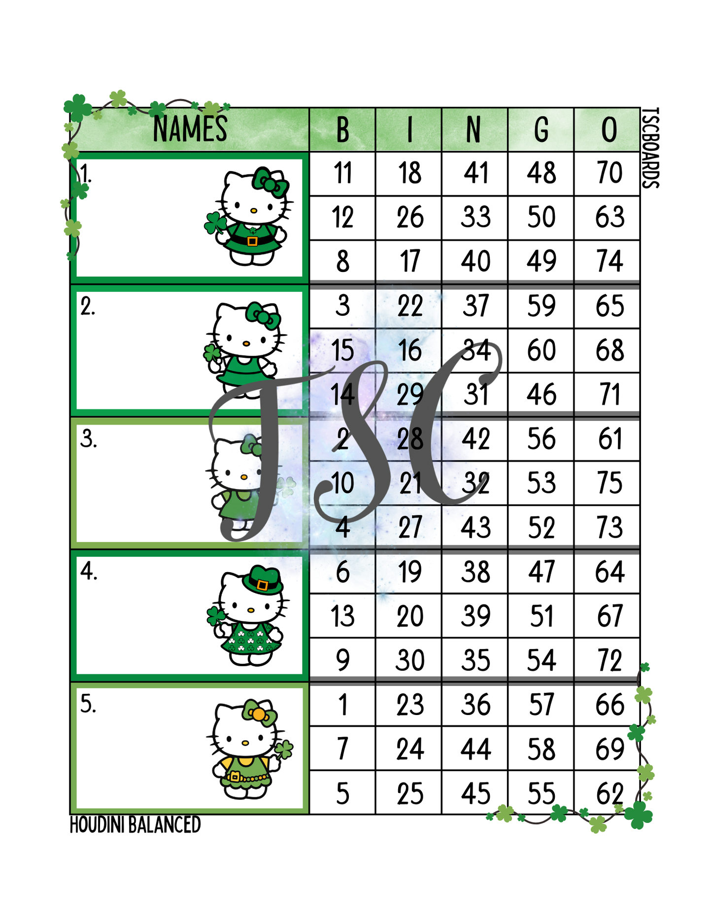 St Patricks Day Hello Kitty Block Bingo Board 1-75 Ball
