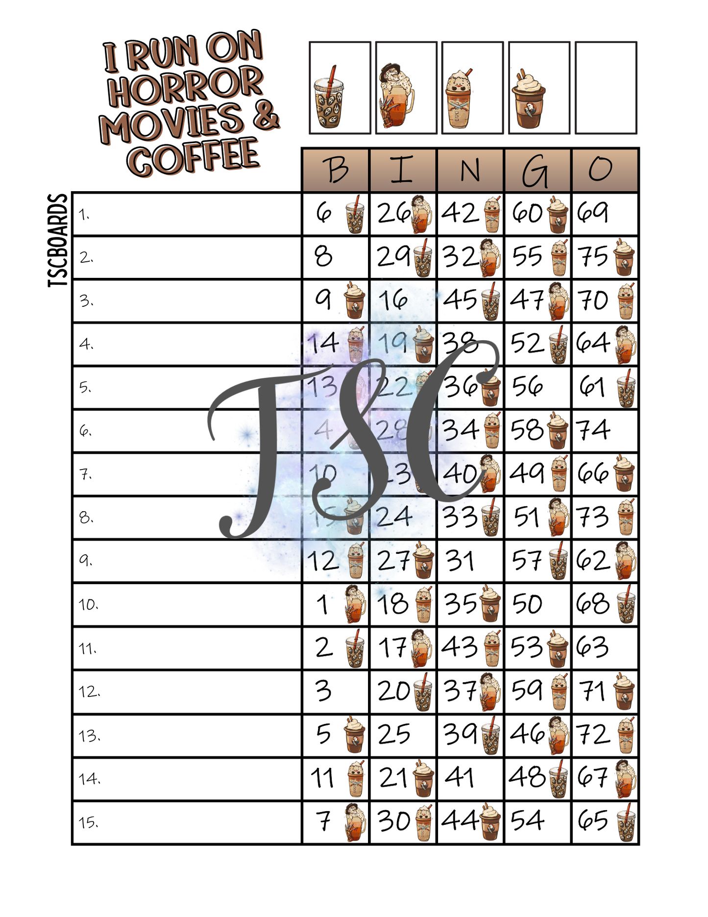 I Run On Horror Movies & Coffee Bingo Board 1-75 Ball