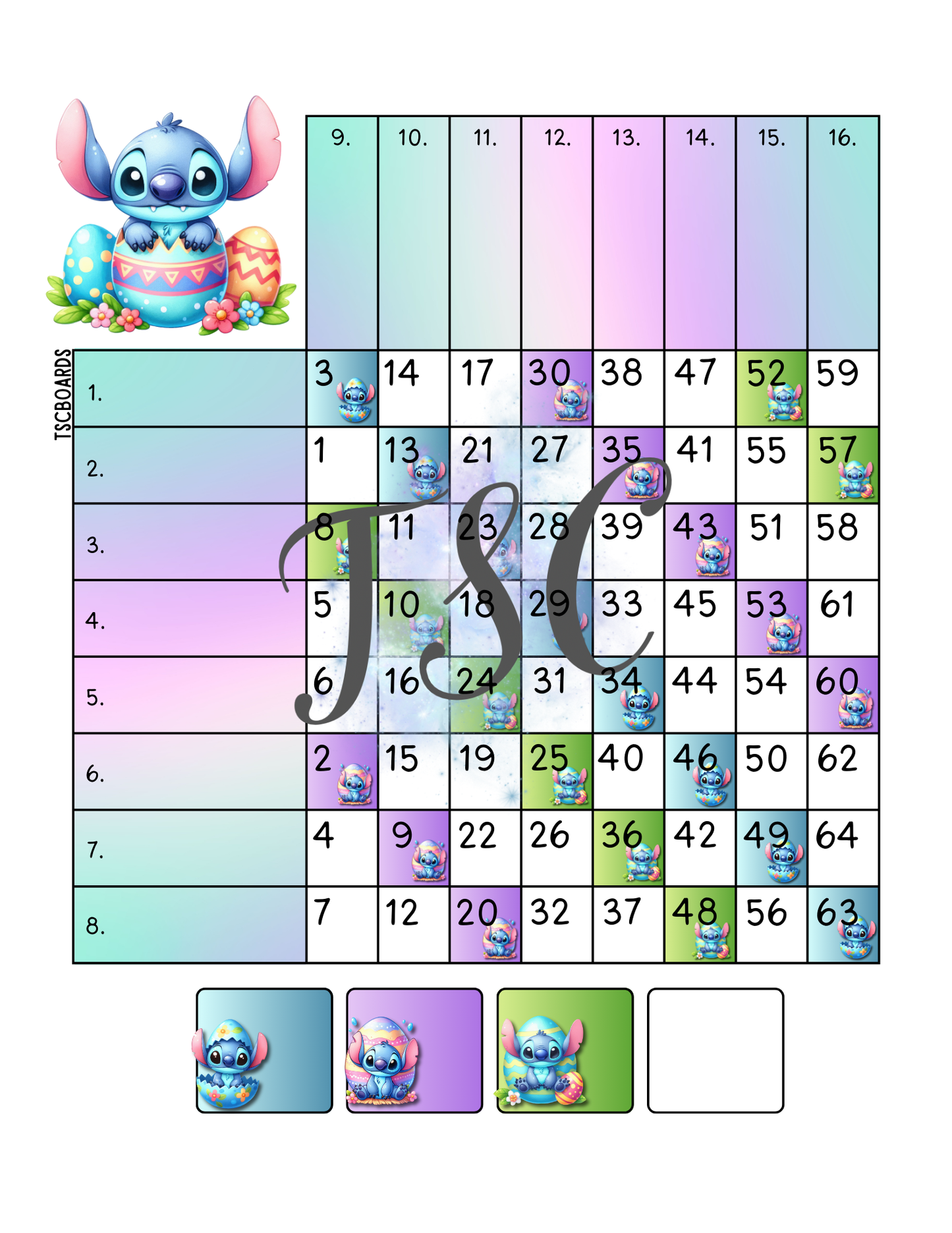 Easter Egg Stitch Mini Grid Bingo Board 1-64 Ball