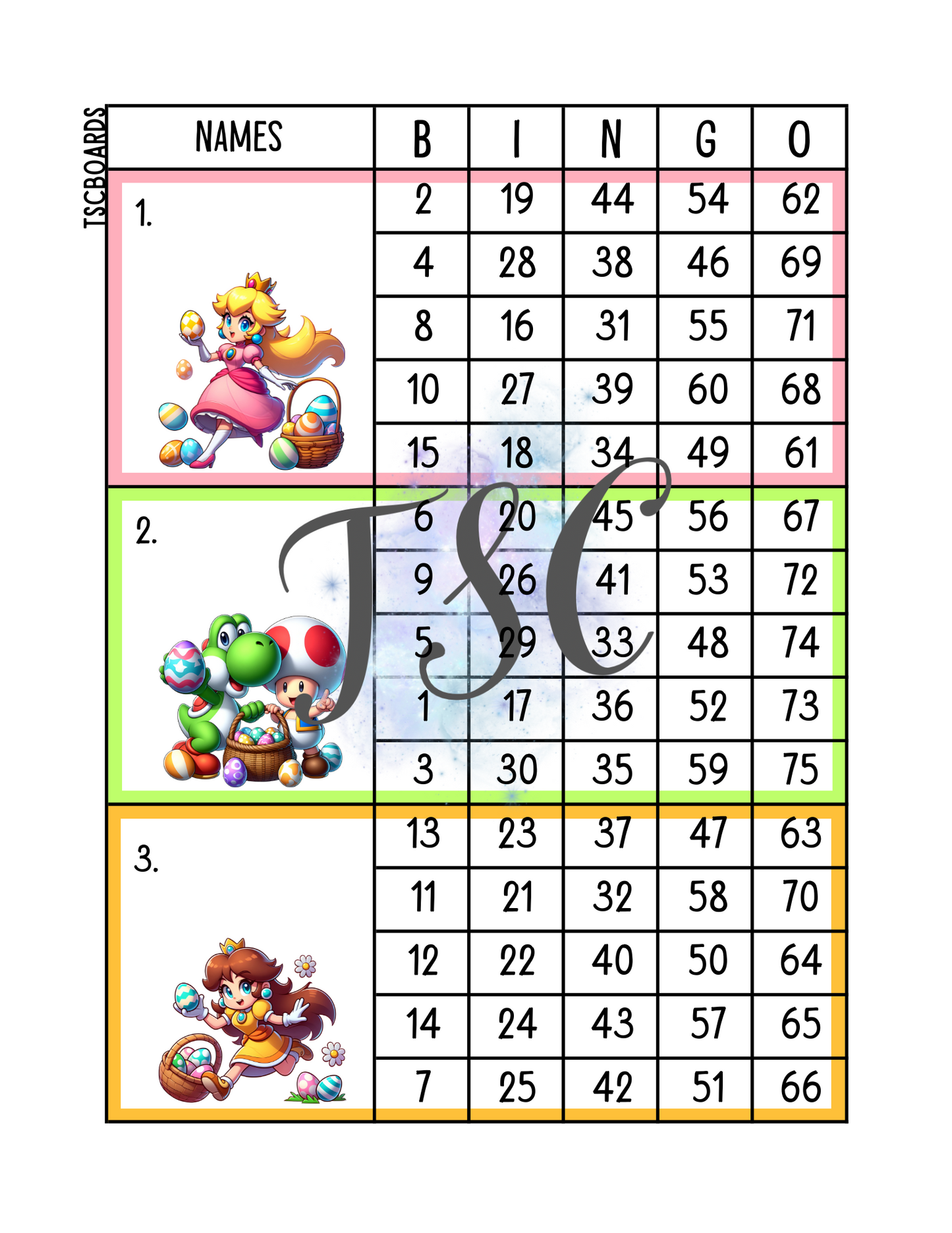 Mario Easter Mega Block Bingo Board 1-75 Ball