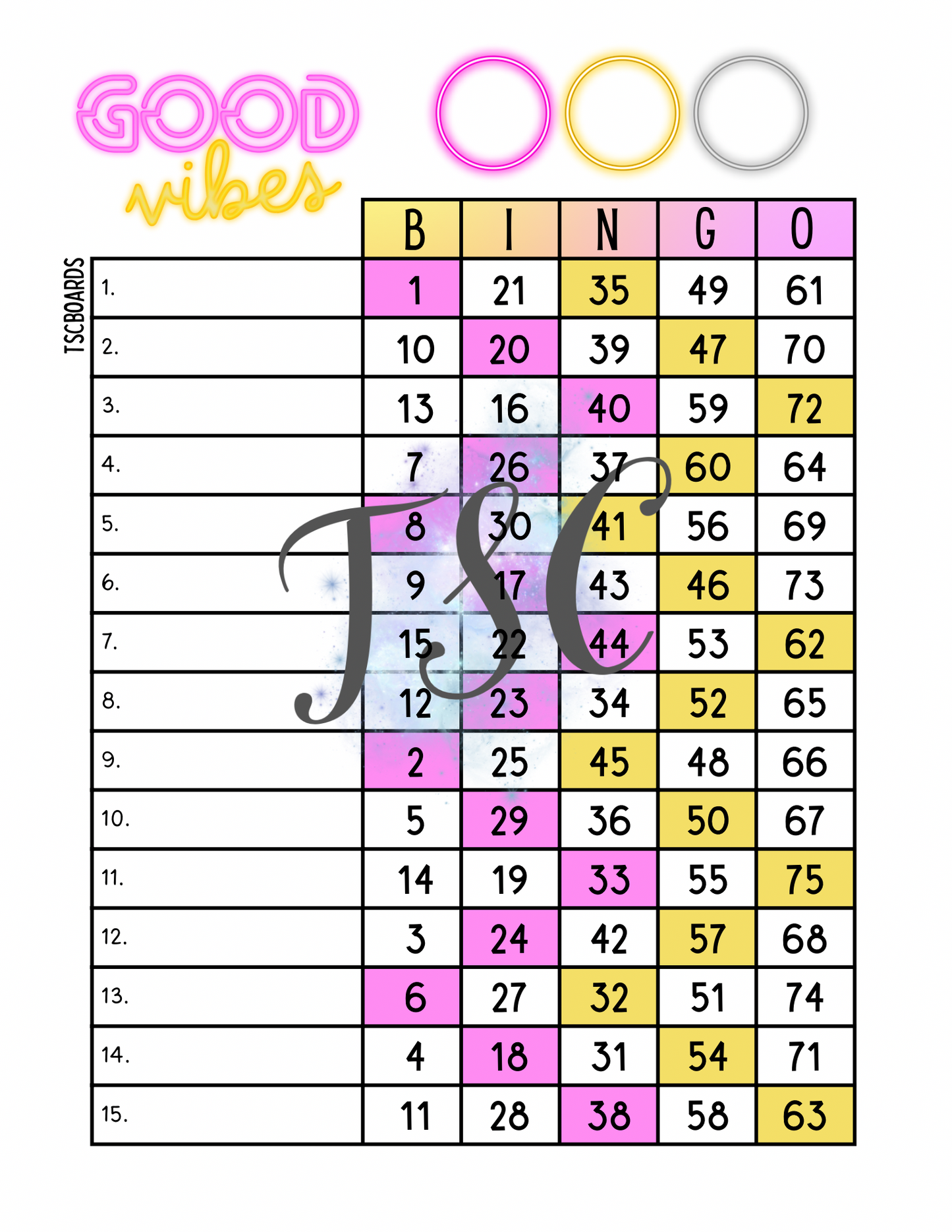 Good Vibes Neon Bingo Board 1-75 Ball