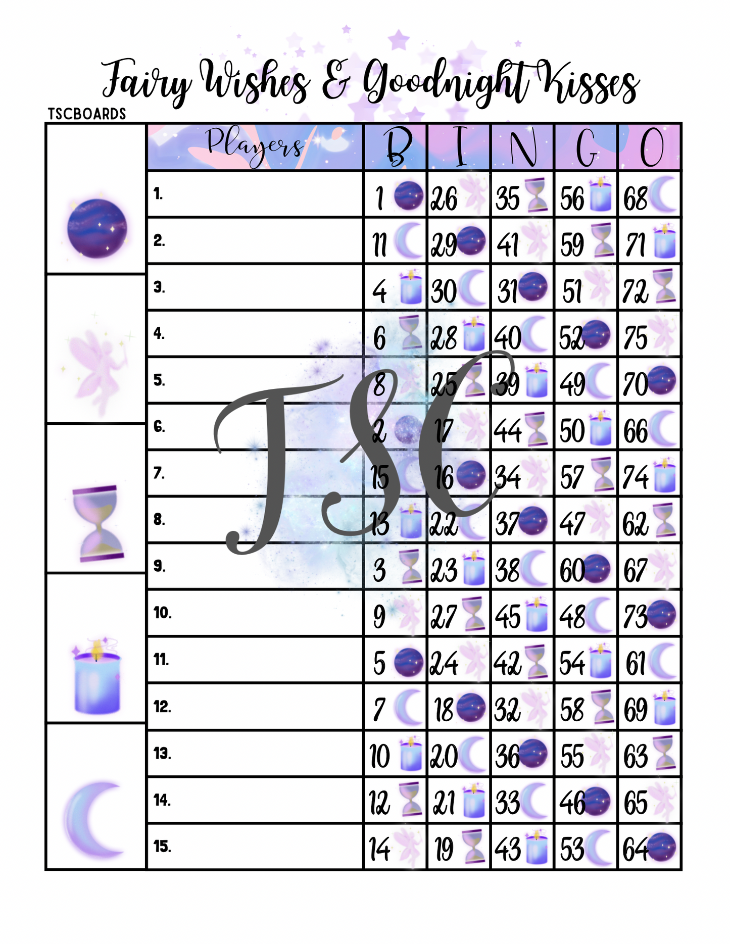 Fairy Wishes & Goodnight Kisses Bingo Board 1-75 Ball 1-15 Line