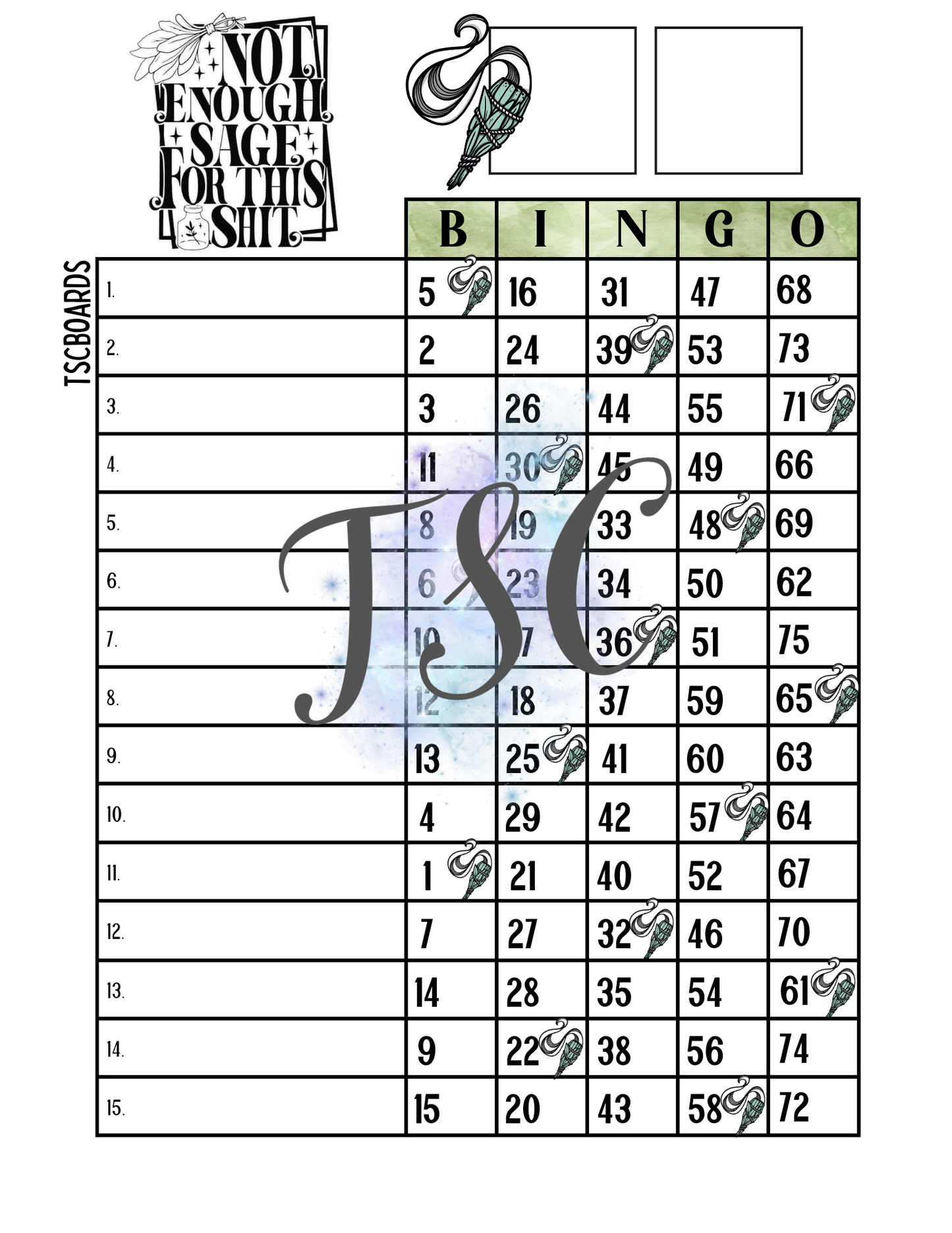 Not Enough Sage For This Bingo Board 1-75 Ball