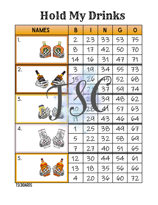 Hold My Drinks Block Bingo Board 1-75 Ball