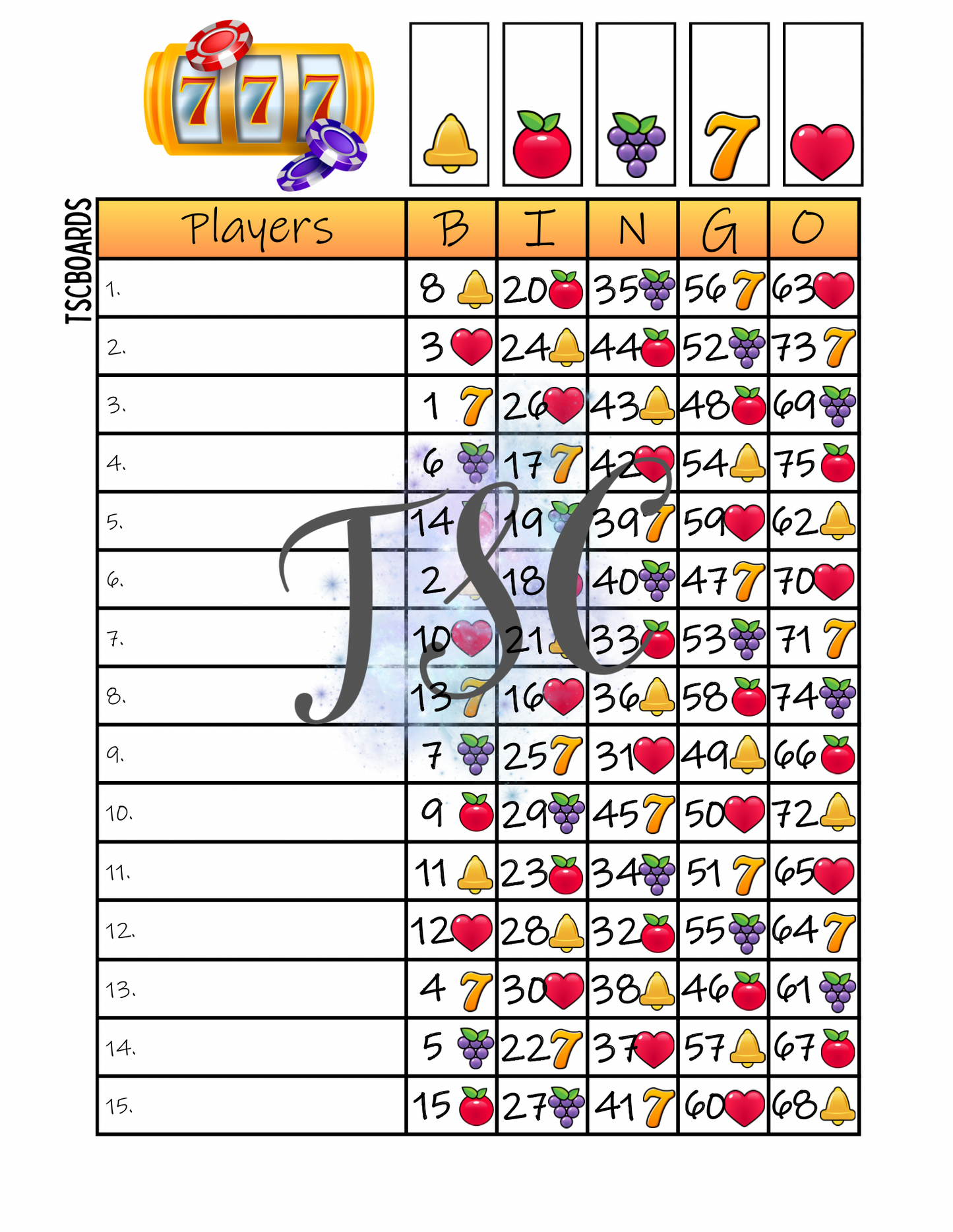 777 Slots Bingo Board 1-75 Ball 1-15 Line