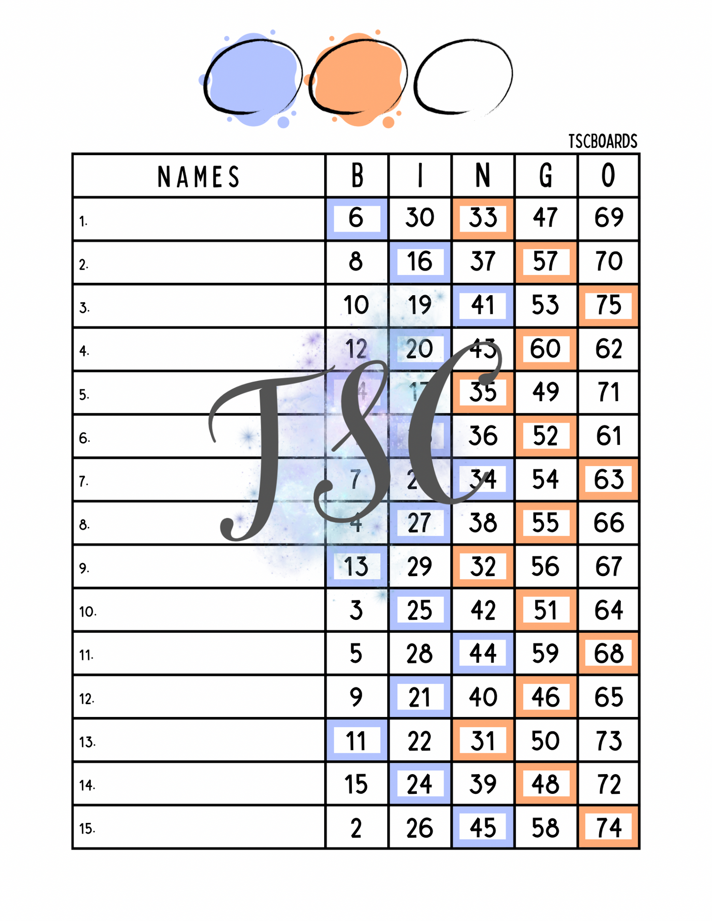 Two Colour Bingo Board 1-75 Ball 15 Lines