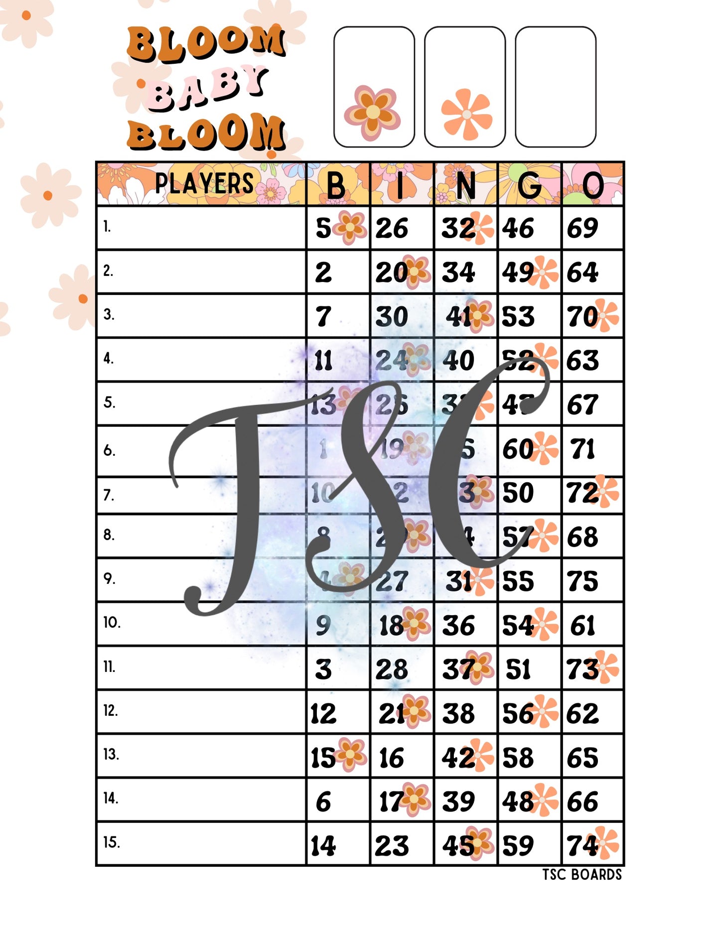 Bloom Baby Bloom Bingo Board 1-75 Ball