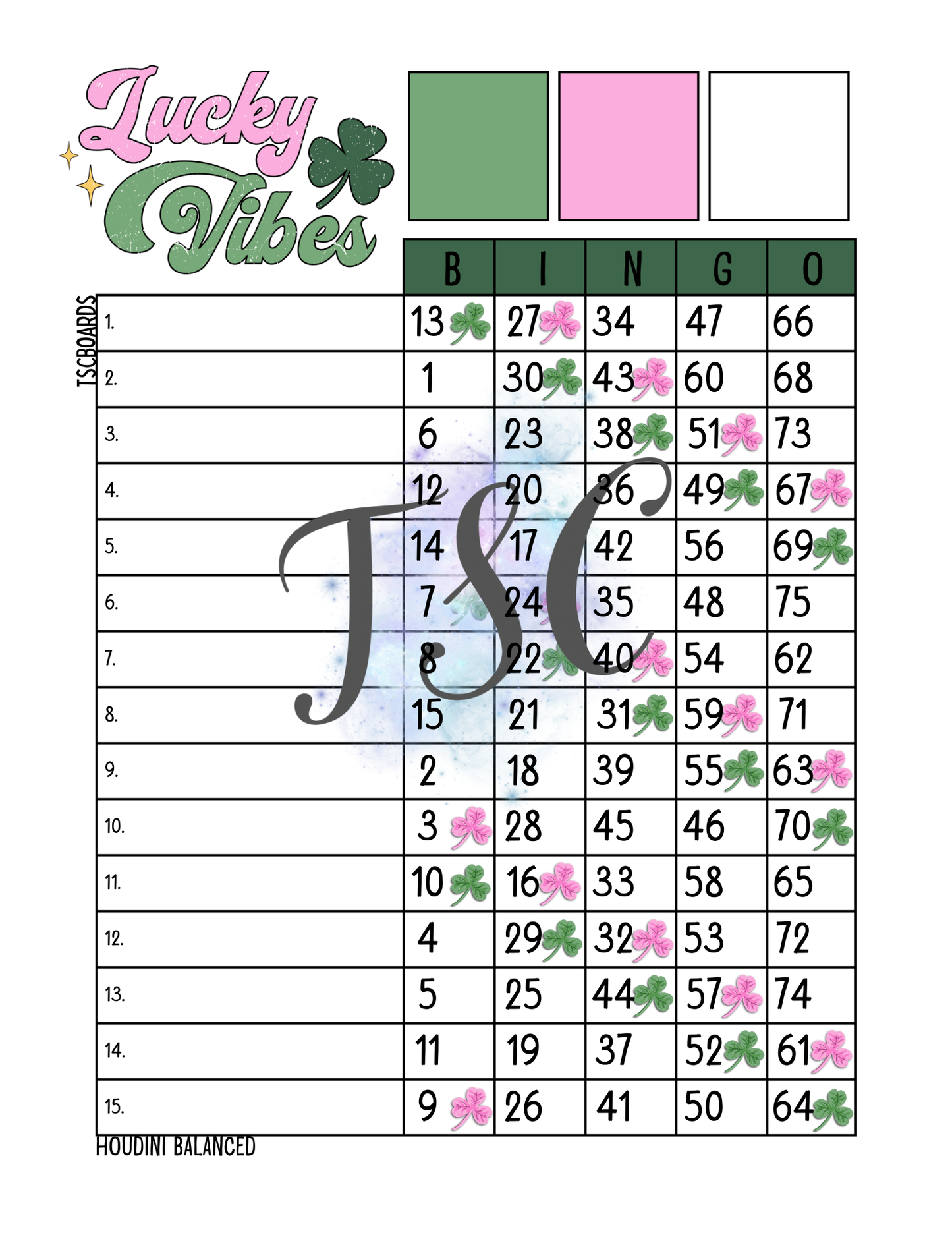Lucky Vibes Bingo Board 1-75 Ball