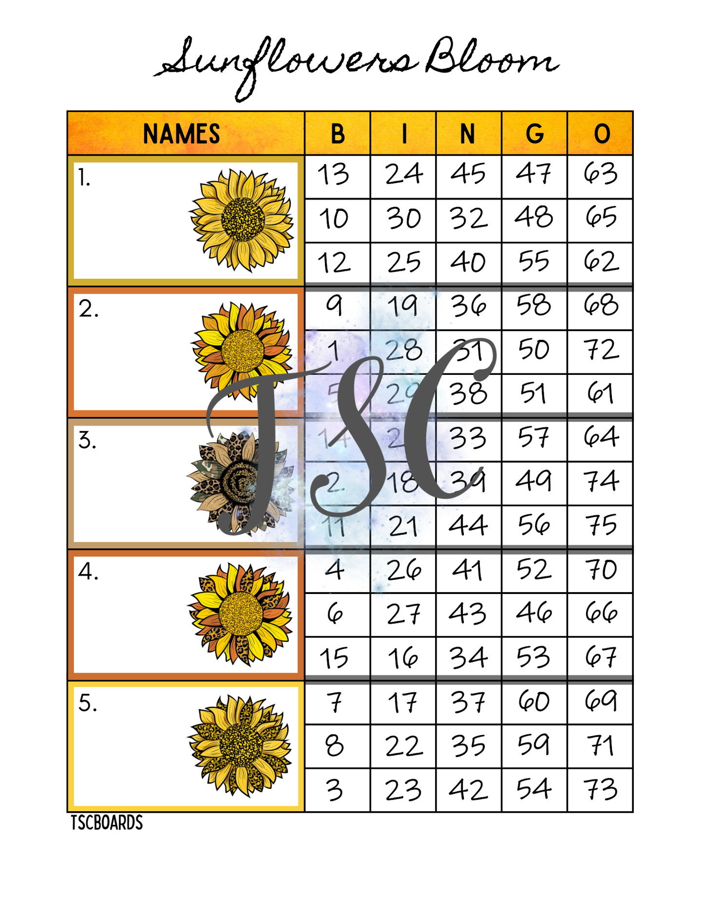 Sunflower Bloom Block Bingo Board 1-75 Ball