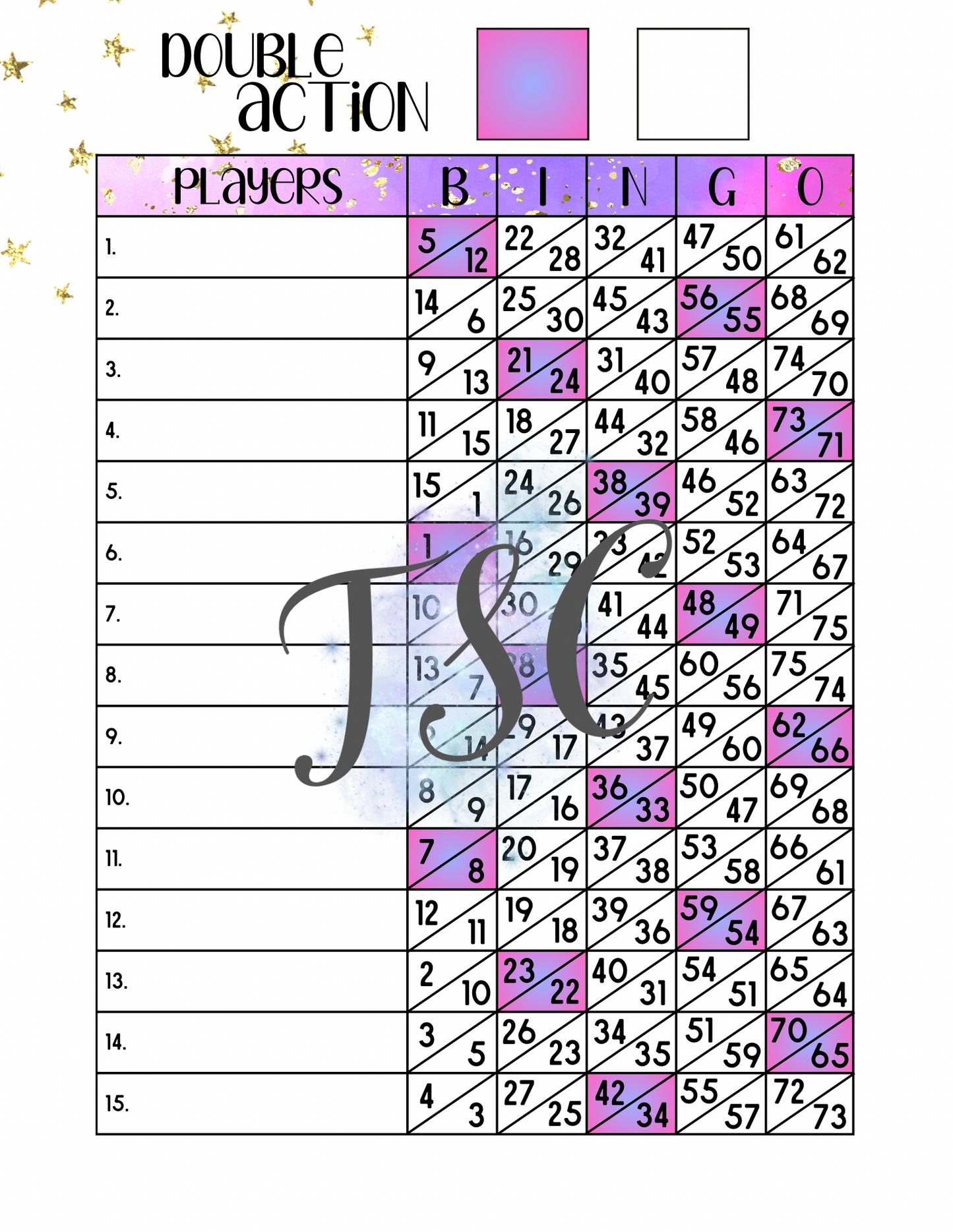 Purple Double Action Bingo Board 1-75 Ball