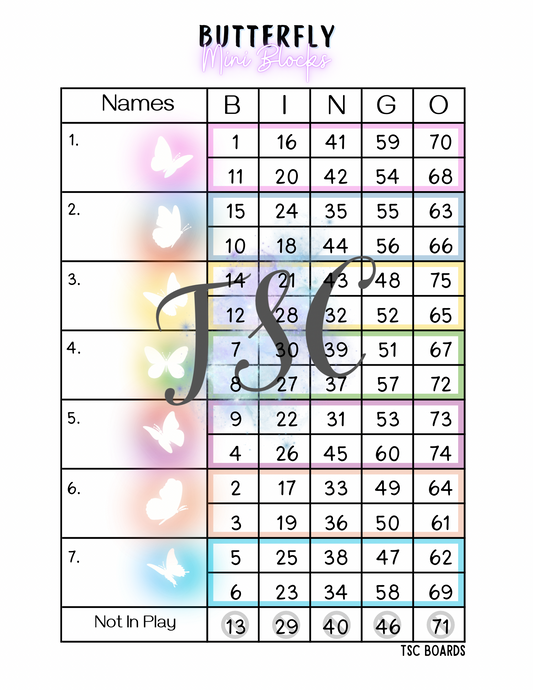Neon Butterfly Mini Blocks Bingo Board 1-75 Ball
