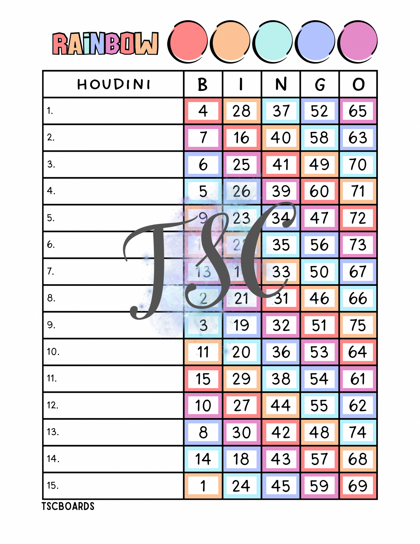Rainbow Houdini Bingo Board 1-75 Ball
